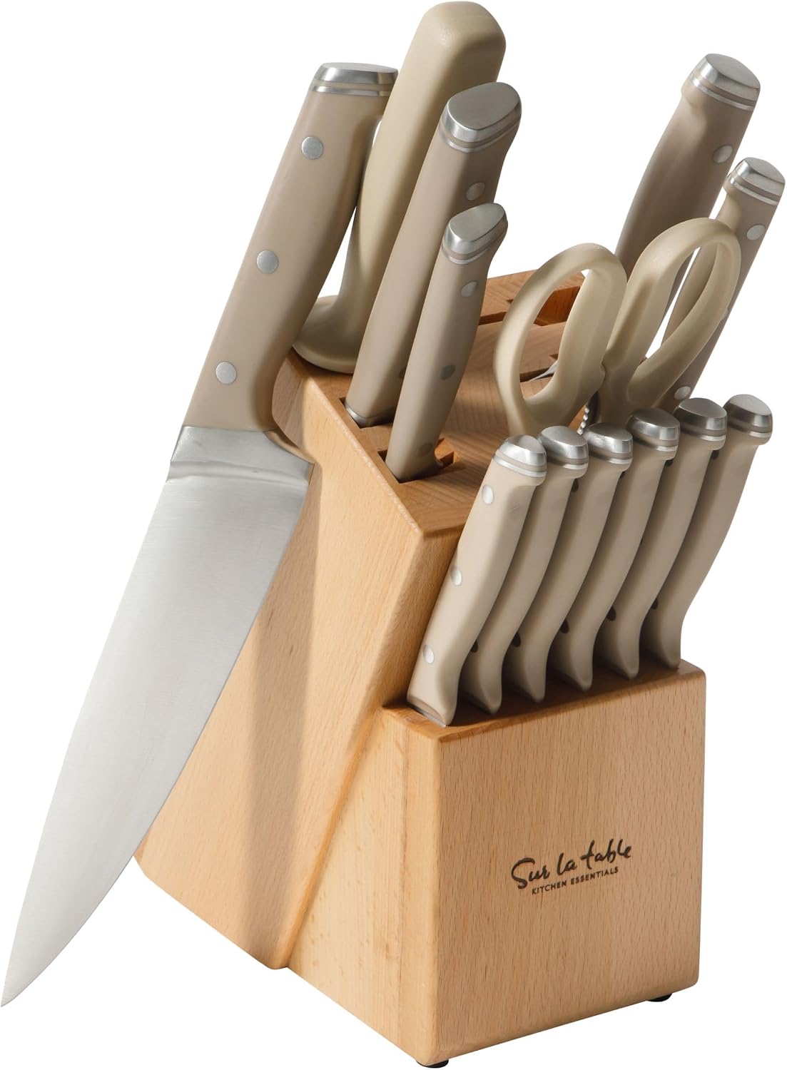 Sur La Table Kitchen Essentials 14 Piece Cutlery Set, German Steel Forged Knives, Beech Wood Block, Chef, Santoku, Bread, Steak Knives, Shears & Sharpener - Blue