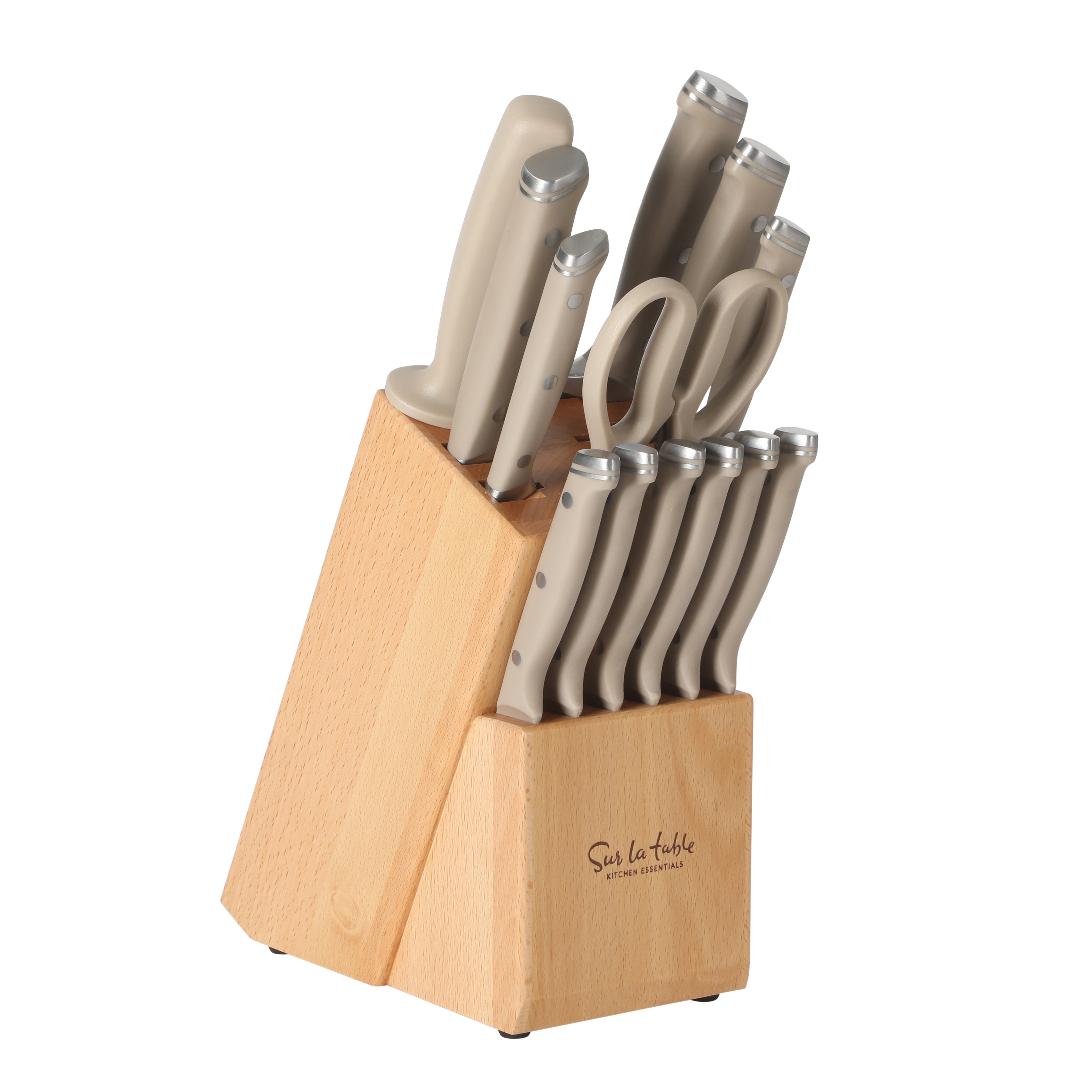 Sur La Table Kitchen Essentials 14 Piece Cutlery Set, German Steel Forged Knives, Beech Wood Block, Chef, Santoku, Bread, Steak Knives, Shears & Sharpener - Blue