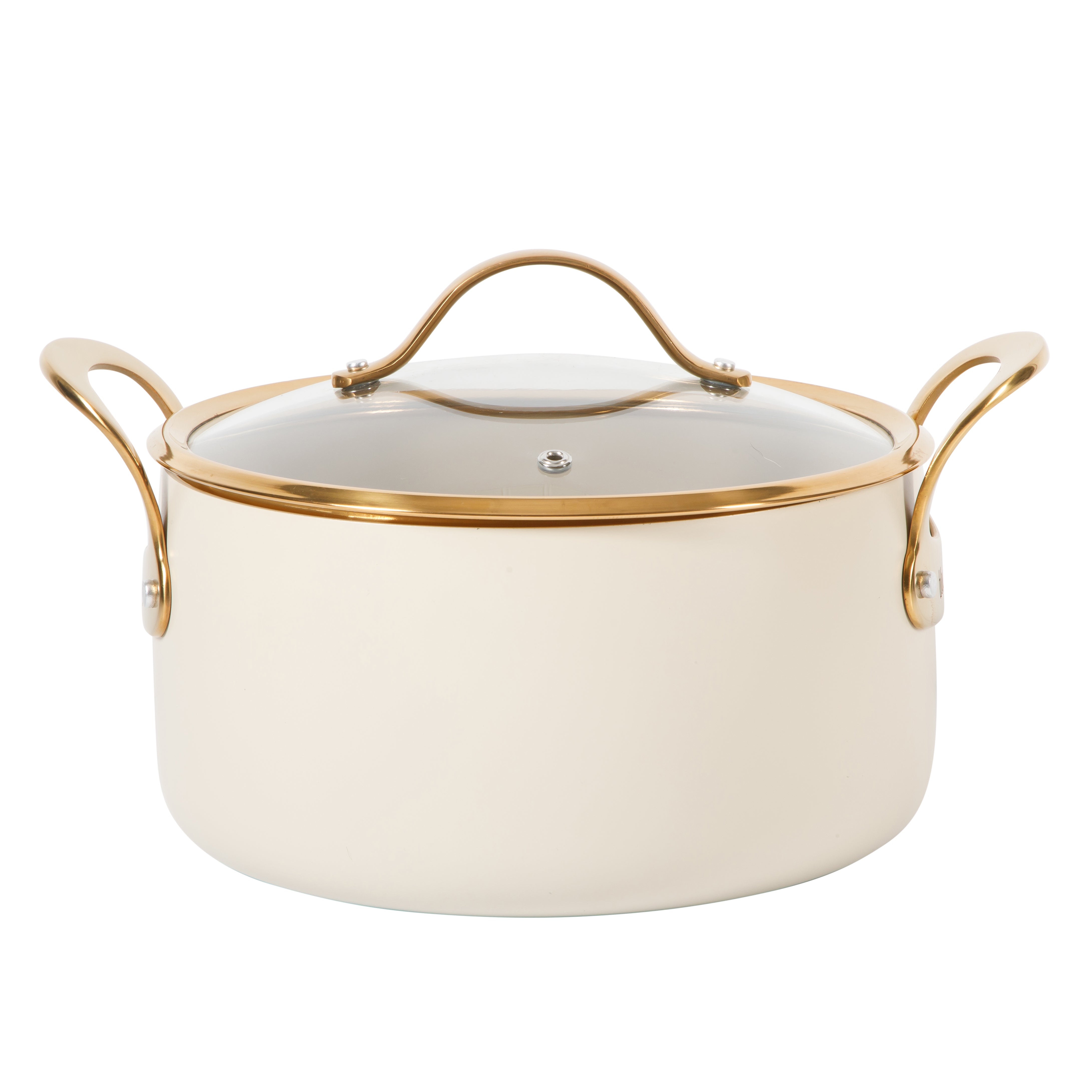 Bloomhouse 6 Quart Heavy Duty Aluminum Premium PFA Free Ceramic Nonstick Dutch Oven Pot with Lid - Linen White with Gold Handle