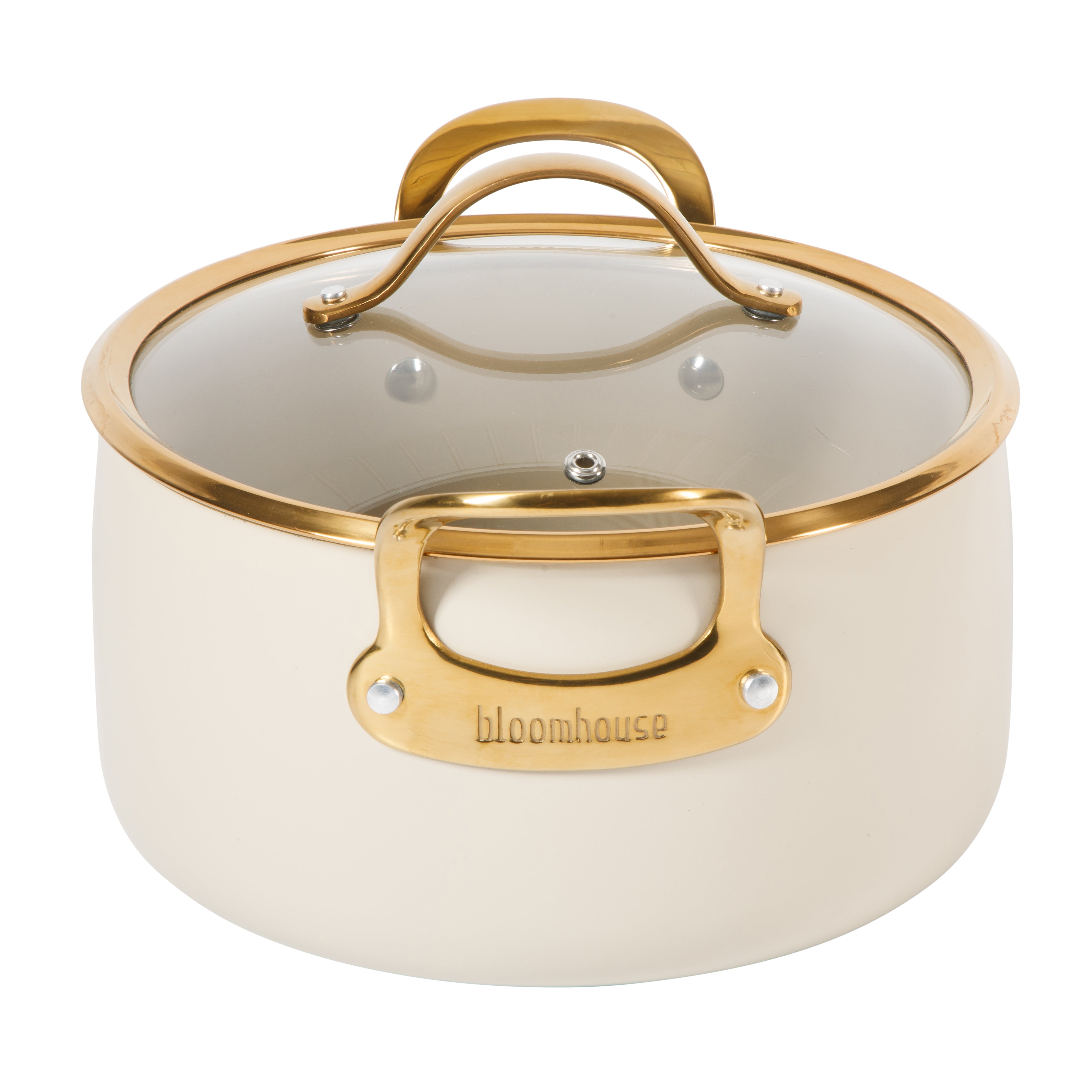 Bloomhouse 6 Quart Heavy Duty Aluminum Premium PFA Free Ceramic Nonstick Dutch Oven Pot with Lid - Linen White with Gold Handle