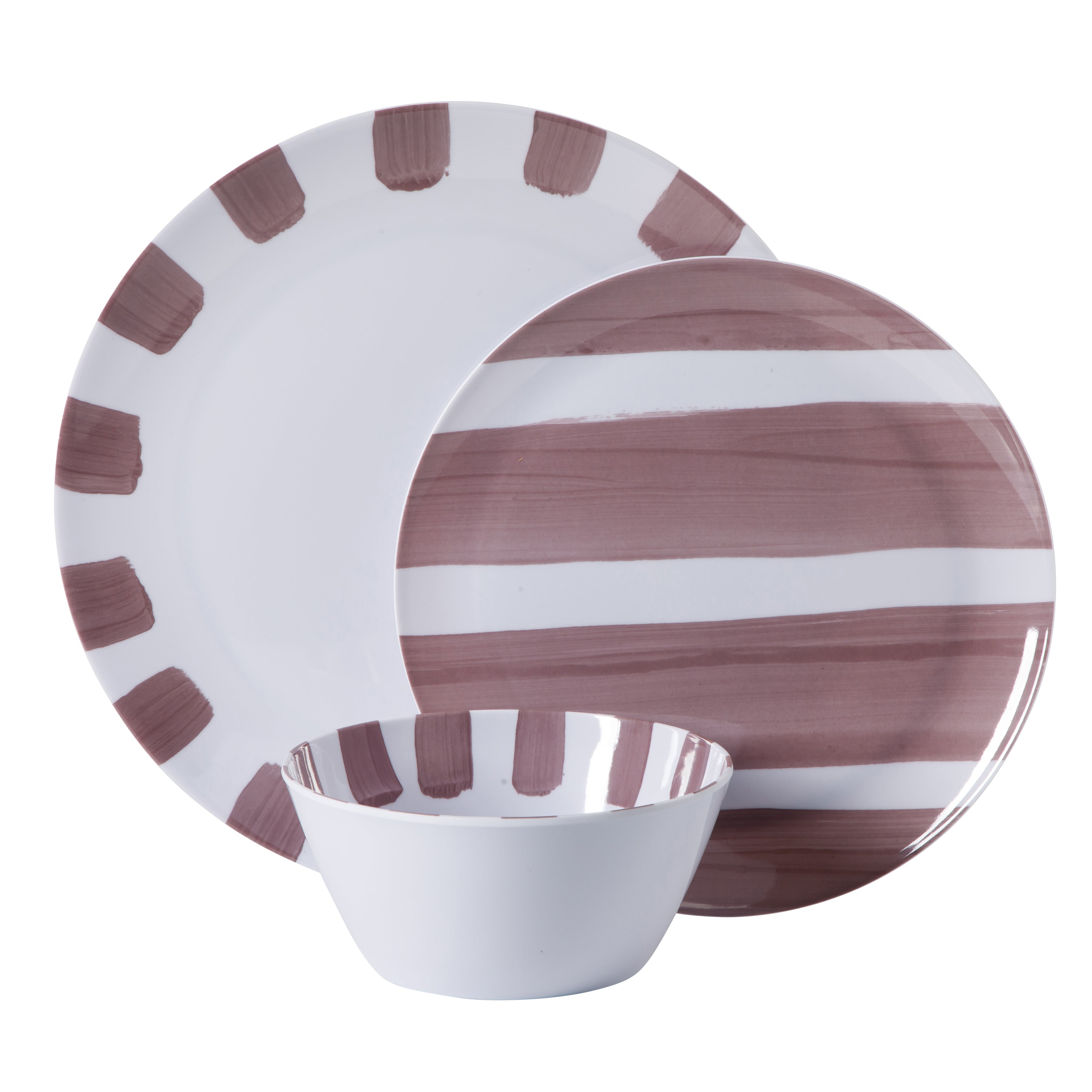 Gibson Home Cottage Stripes 12 Piece Unbreakable Melamine Plates and Bowls Dinnerware Set - Outdoor, Camping, & Everyday Use - Assorted Colors