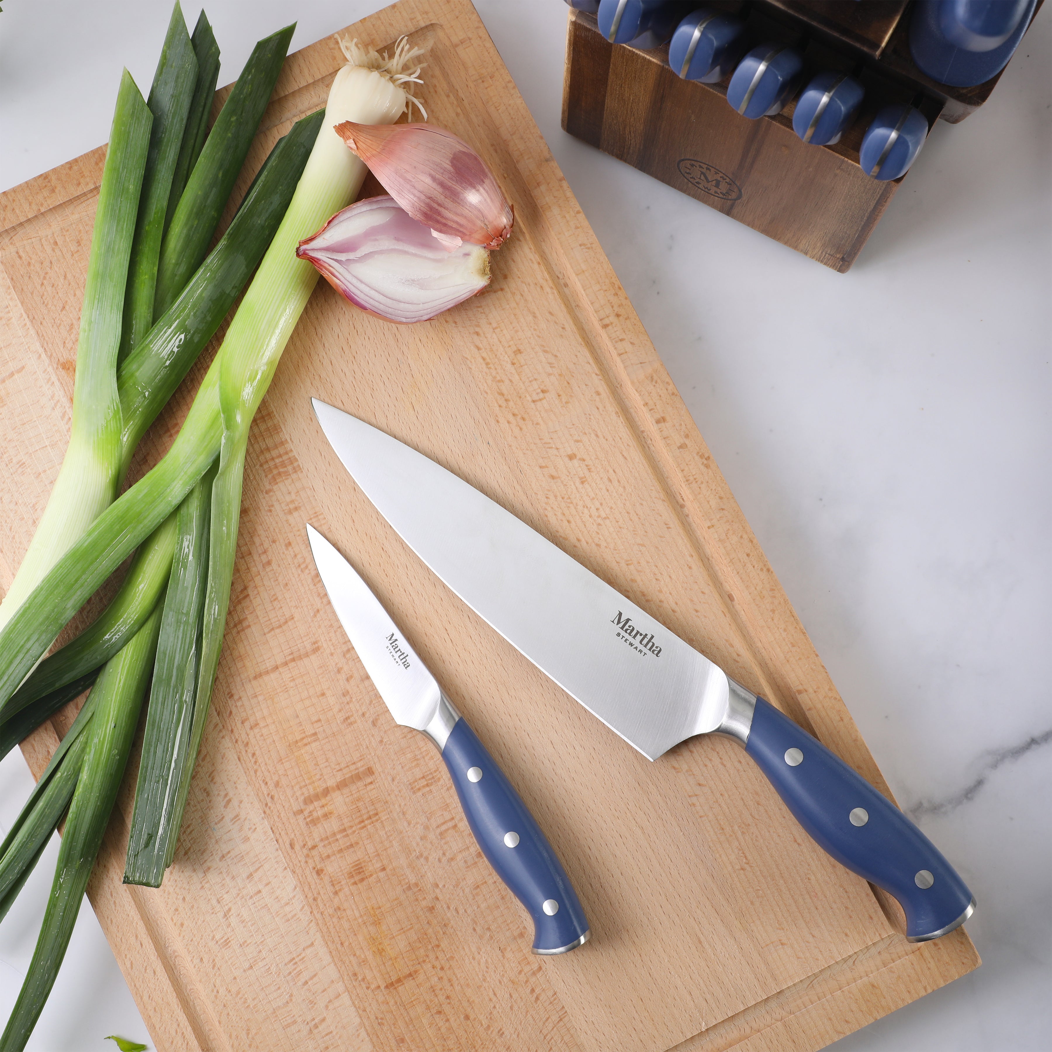 Martha Stewart Greeley Forged High Carbon Stainless Steel 14 Piece Knife Block Set, Kitchen Knife Set with Acacia Wood Block, Chef Knife