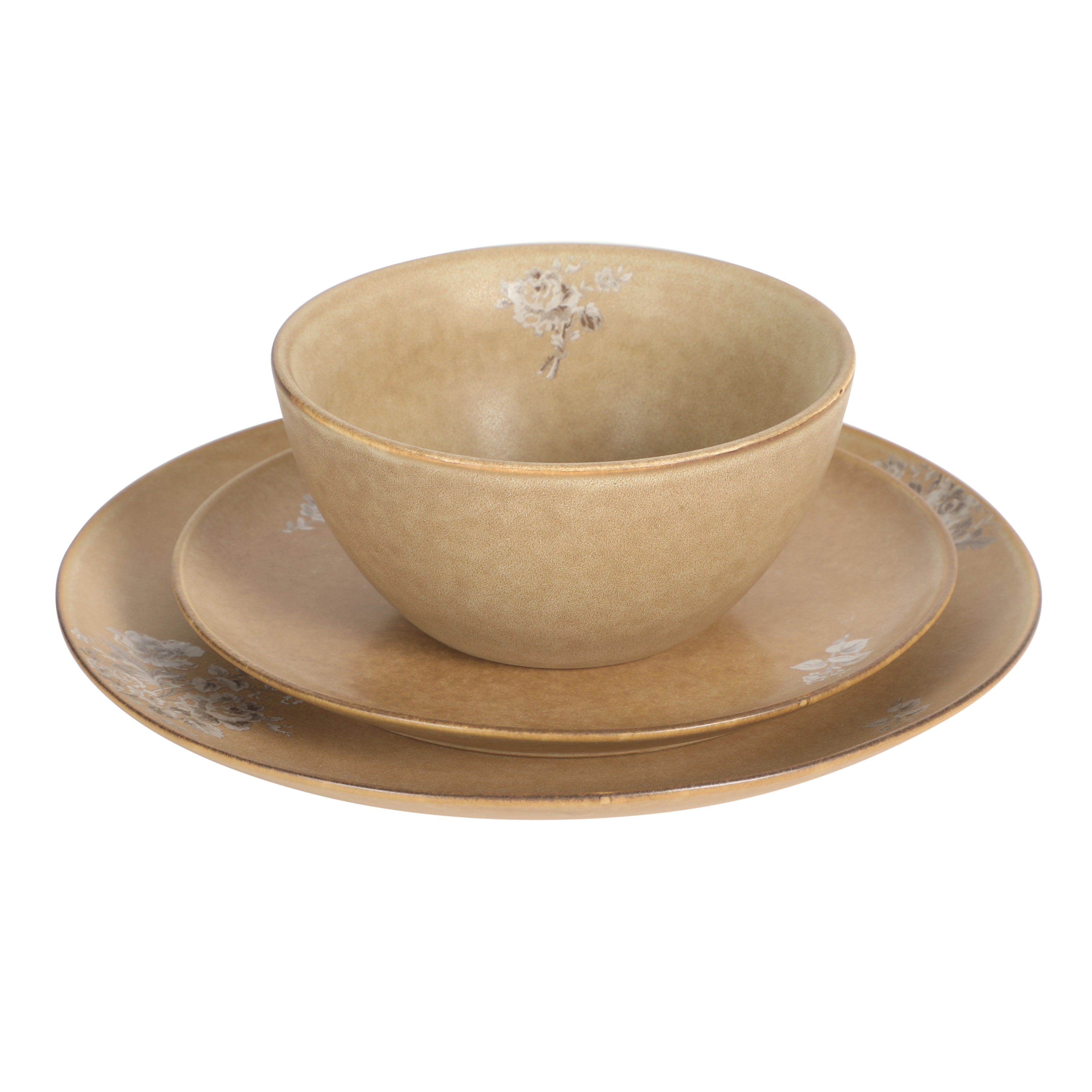 Gibson Elite Valencia Bloom 12 Piece Plates and Bowls Dinnerware Set - Taupe with Floral Decal Dishes - Microwave and Dishwasher Safe