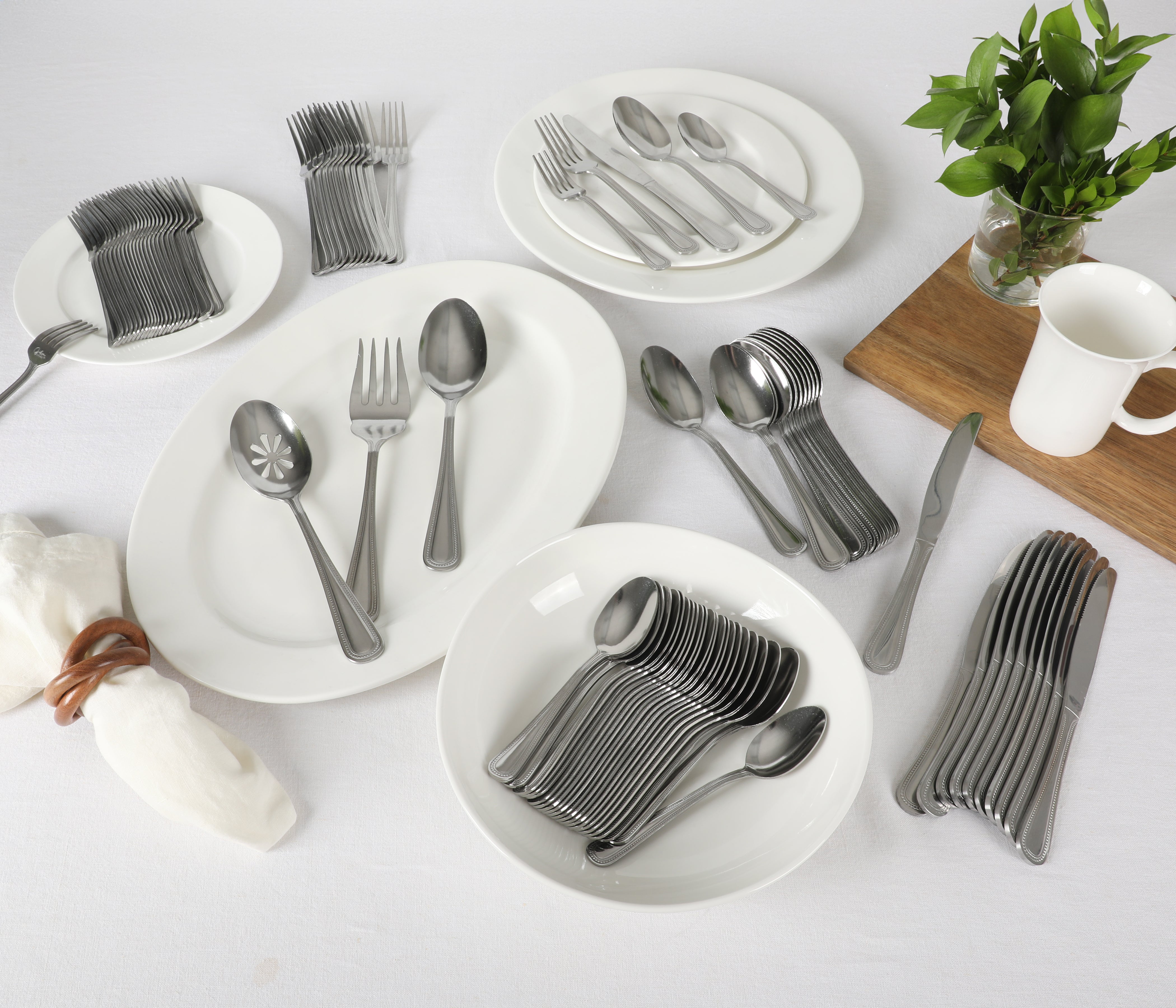 Gibson Home Sinta 87-Piece Stainless Steel Flatware Set with Bead Border Design – Service for 12 Plus Serving Utensils, Polished Silverware, Dishwasher Safe
