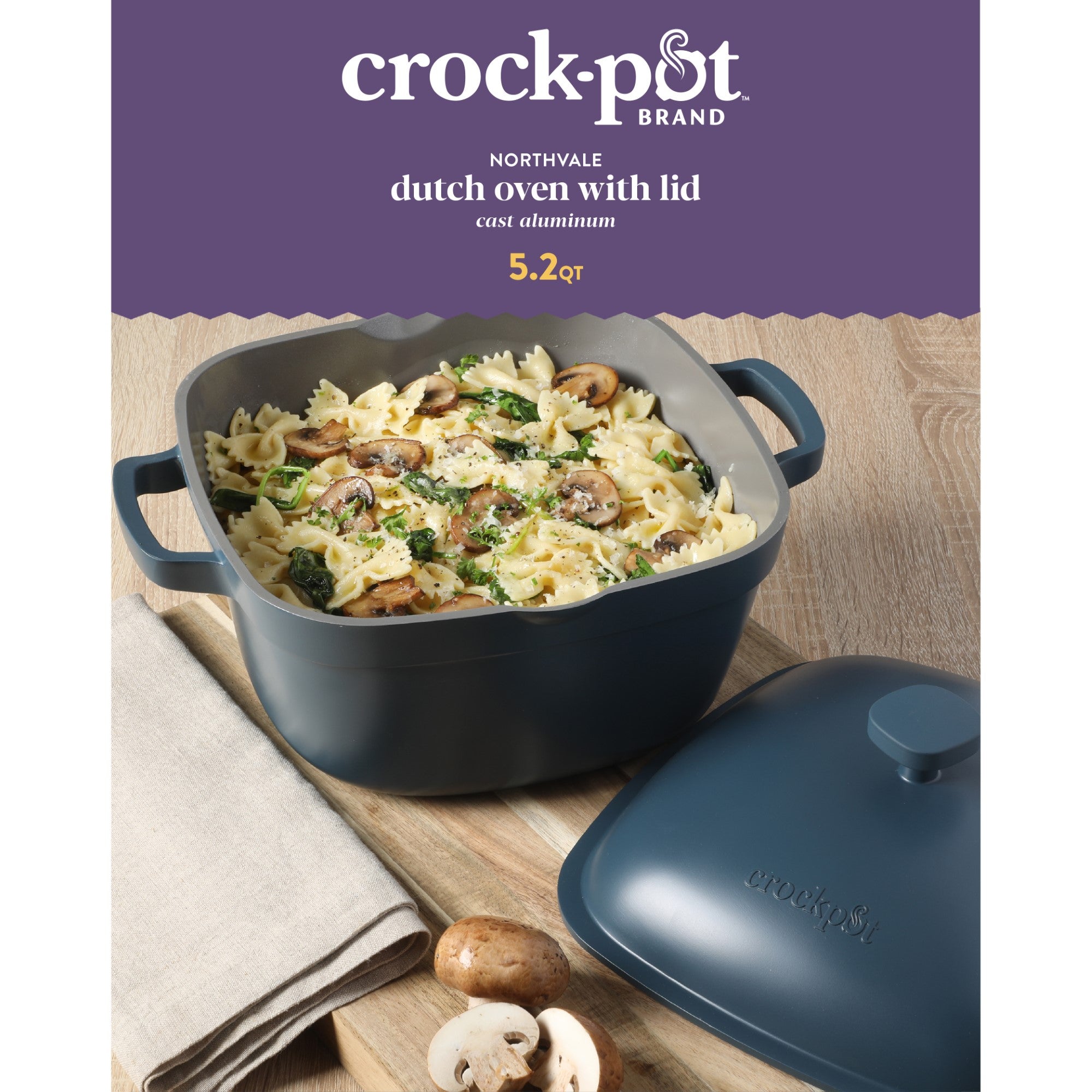 Crock-Pot Northvale Cast Aluminum Lightweight Durable 5.2 Quart Heavy Duty Dutch Oven Pot With Lid, Oven Safe, Dual Handles