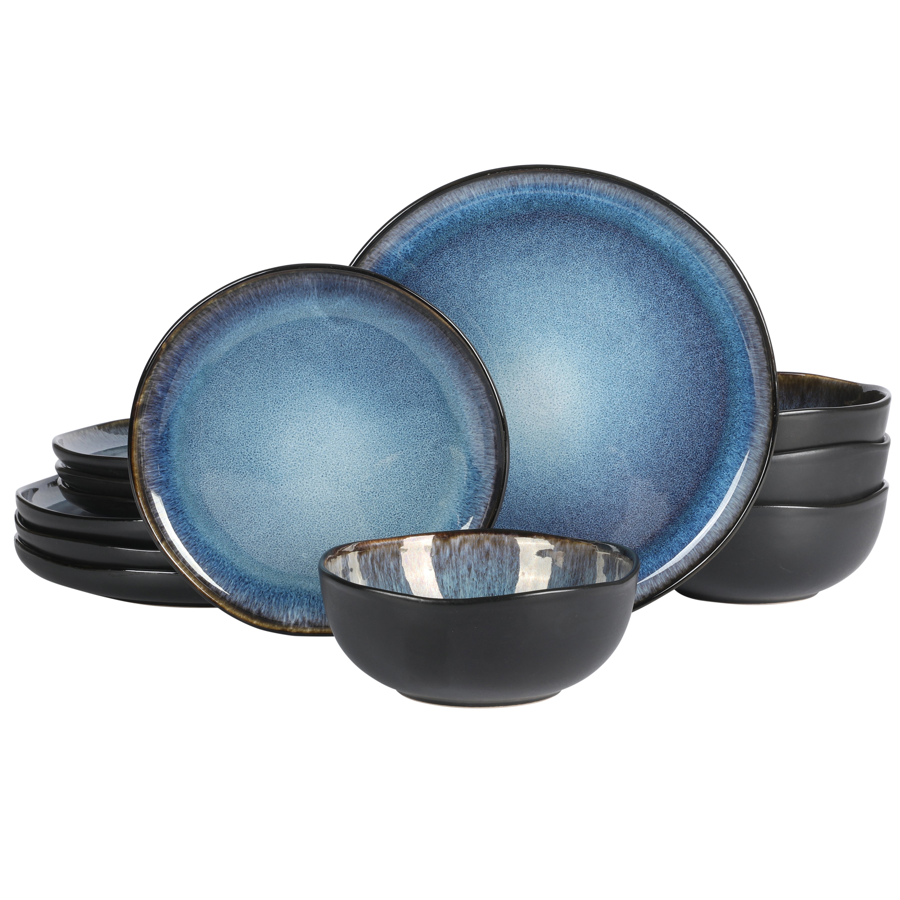 Gibson Soho Lounge Nardini 12 Piece (Service for 4) Plates and Bowls Reactive Glaze Dishes Stoneware Ceramic Dinnerware Set - Black and Blue