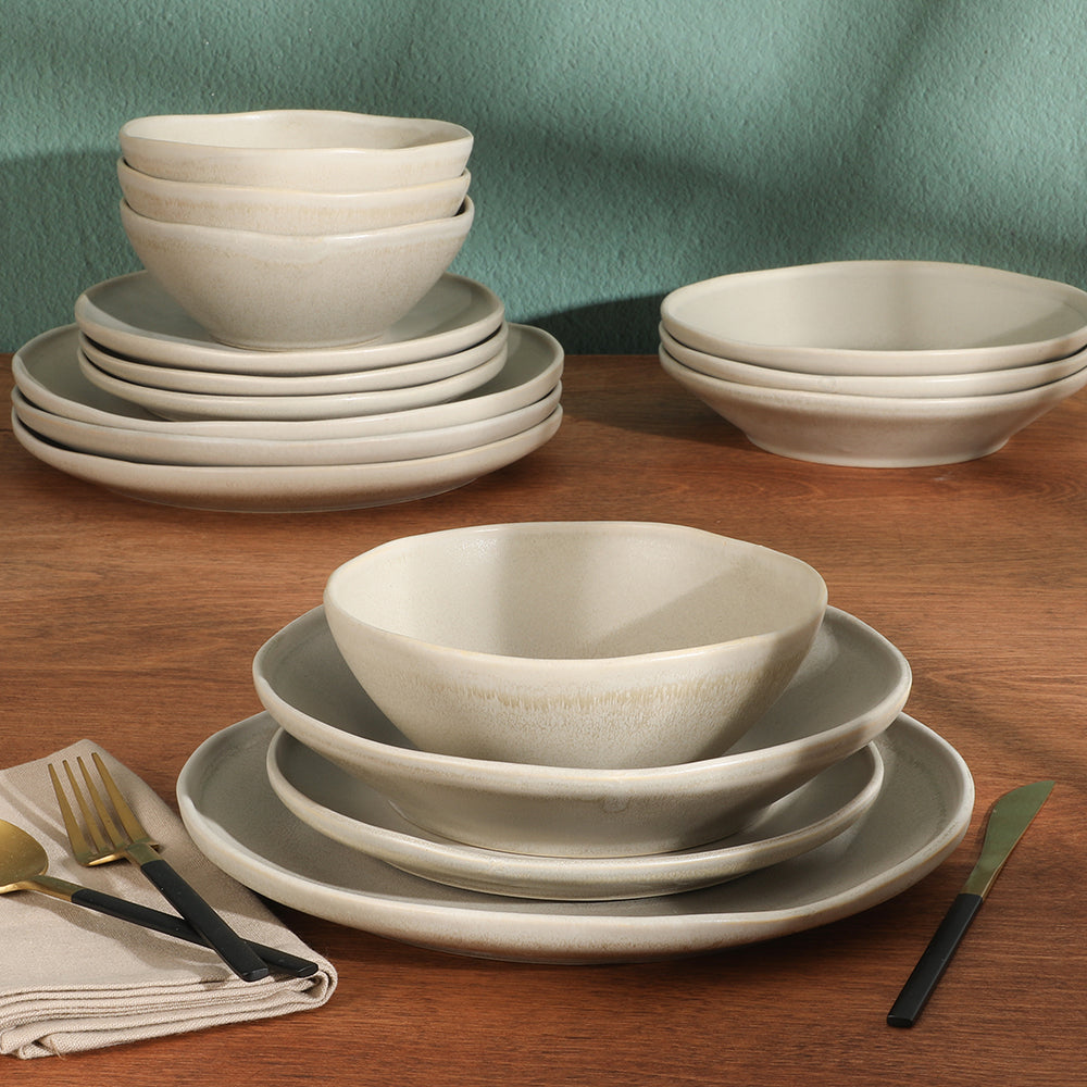 Gibson Elite Island Cove 16 Piece (Service for 4) Plates and Bowls Reactive Glaze Organic Round Dishes Stoneware Ceramic Dinnerware Set