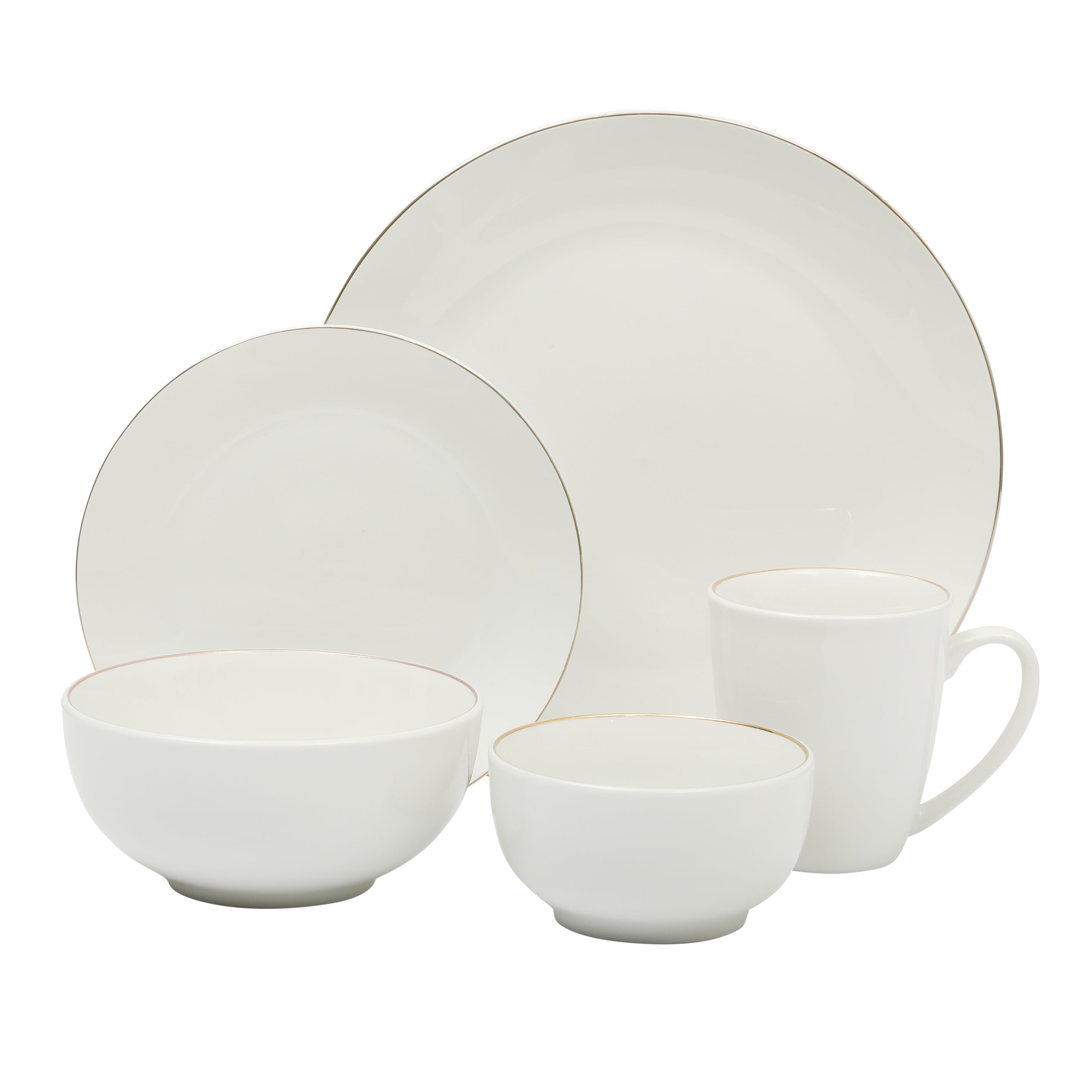 Gibson Home Ogalla 30 Piece Plates, Bowls, & Mugs Dinnerware Set - Service for 6 - White Porcelain W/ Gold Band