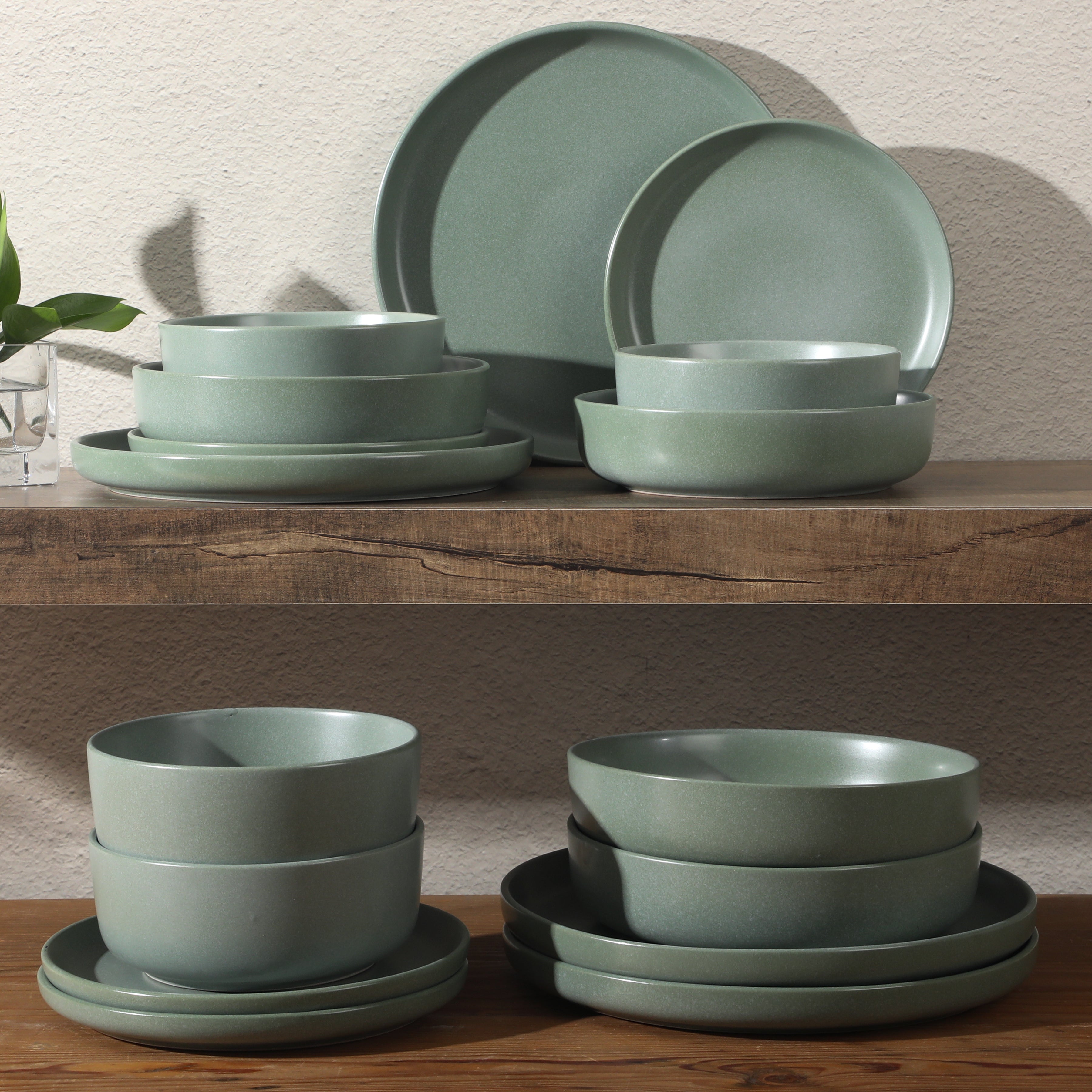 Gibson Elite Pasco 16 Piece (Service for 4) Plates and Bowls Double Bowl Reactive Glaze Dishes Stoneware Ceramic Dinnerware Set