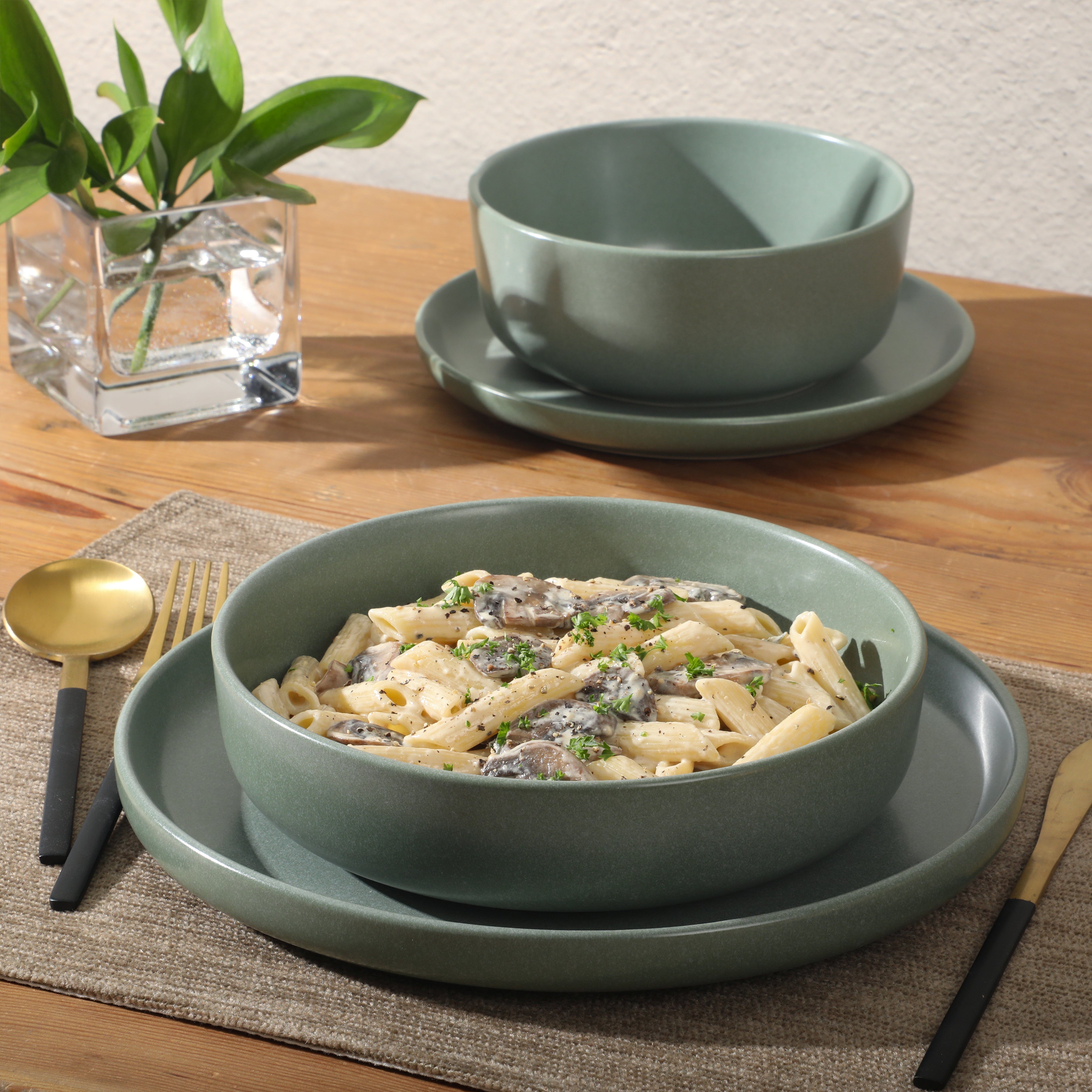 Gibson Elite Pasco 16 Piece (Service for 4) Plates and Bowls Double Bowl Reactive Glaze Dishes Stoneware Ceramic Dinnerware Set
