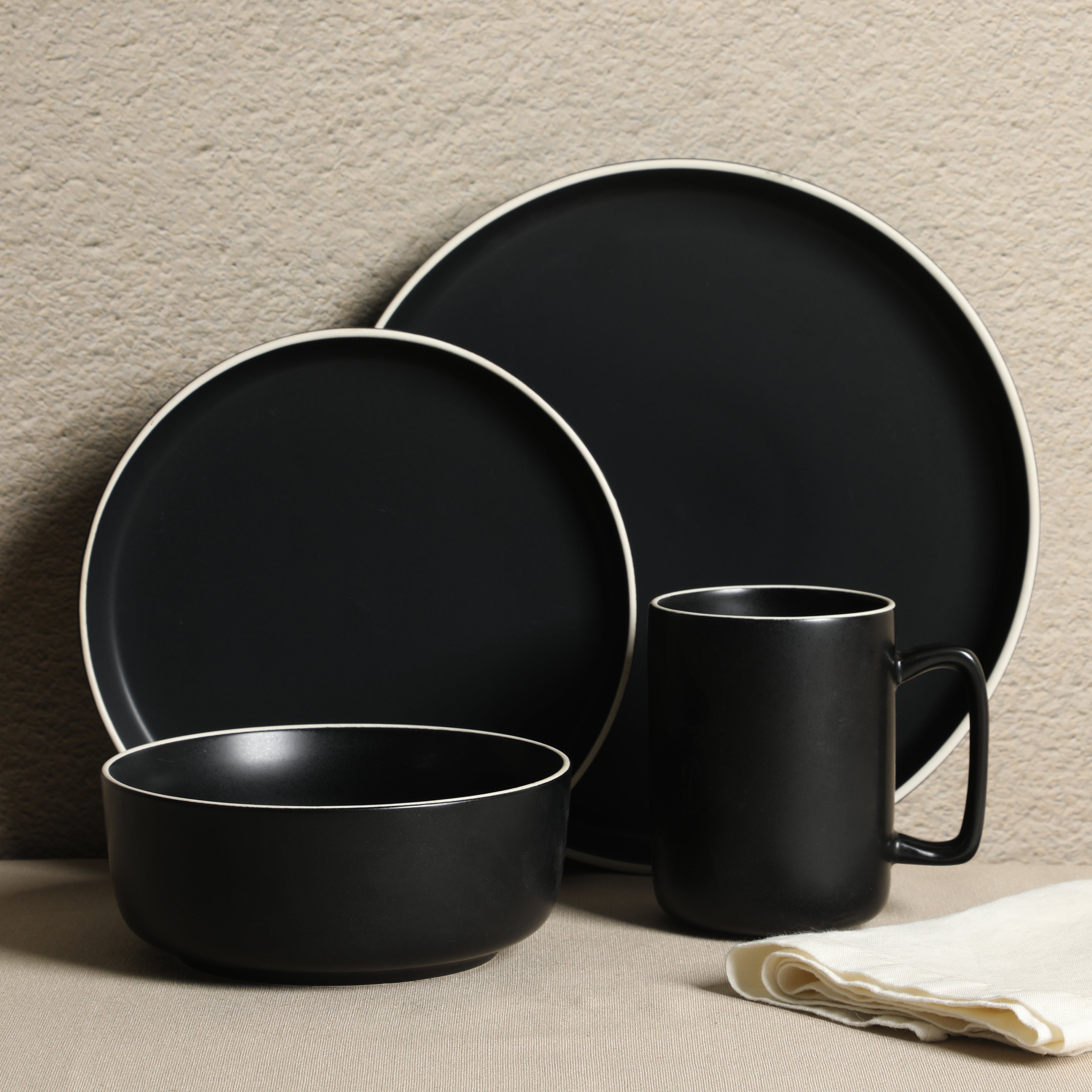 Gibson Home Zuma Nuevo 32 Piece Plates, Bowls, and Mug (Service for 8) Dinnerware Set - Black