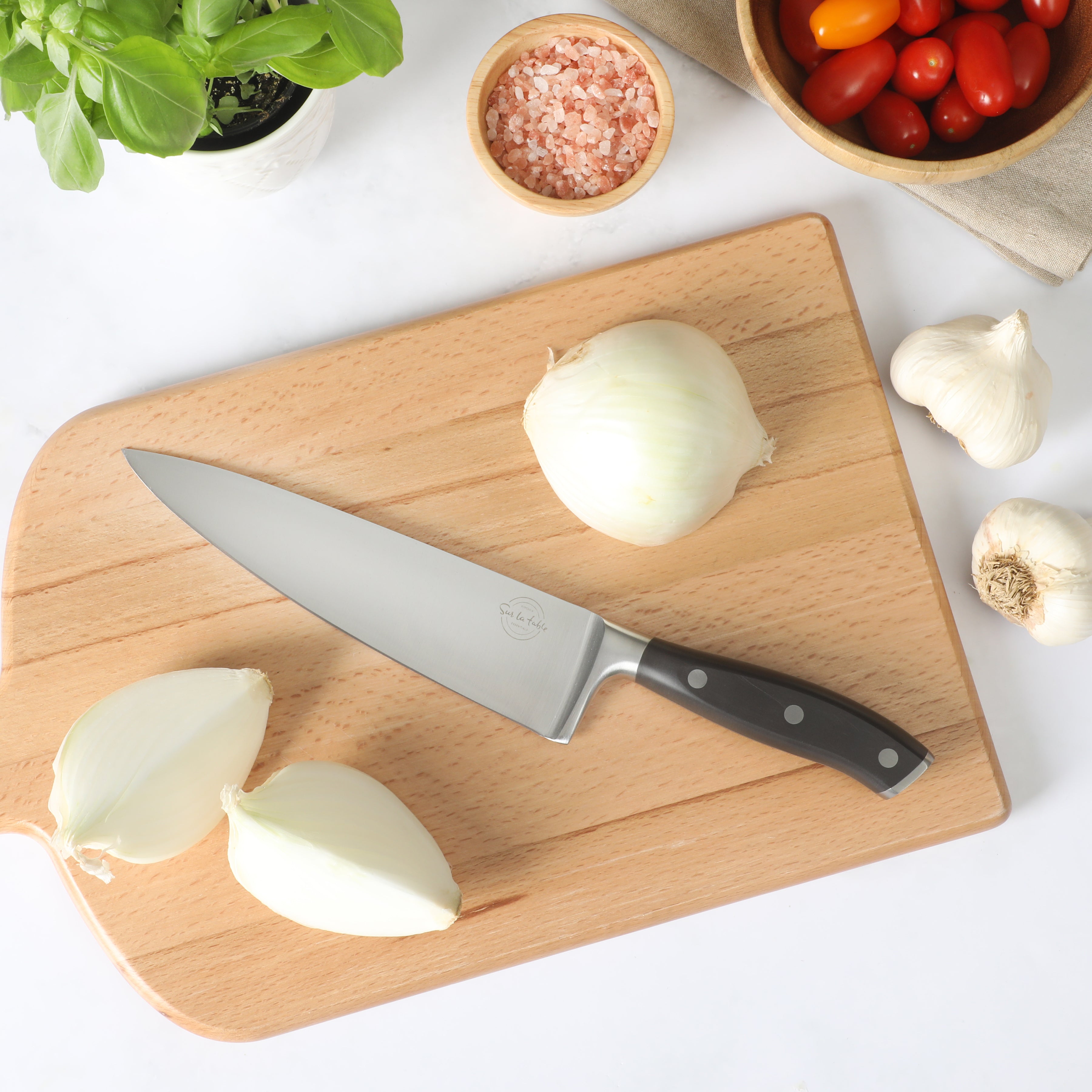 Sur La Table Kitchen Essential German Steel Chef’s Knife, 8-Inch Stainless Steel Blade – Professional Kitchen Knife with Forged Full Tang