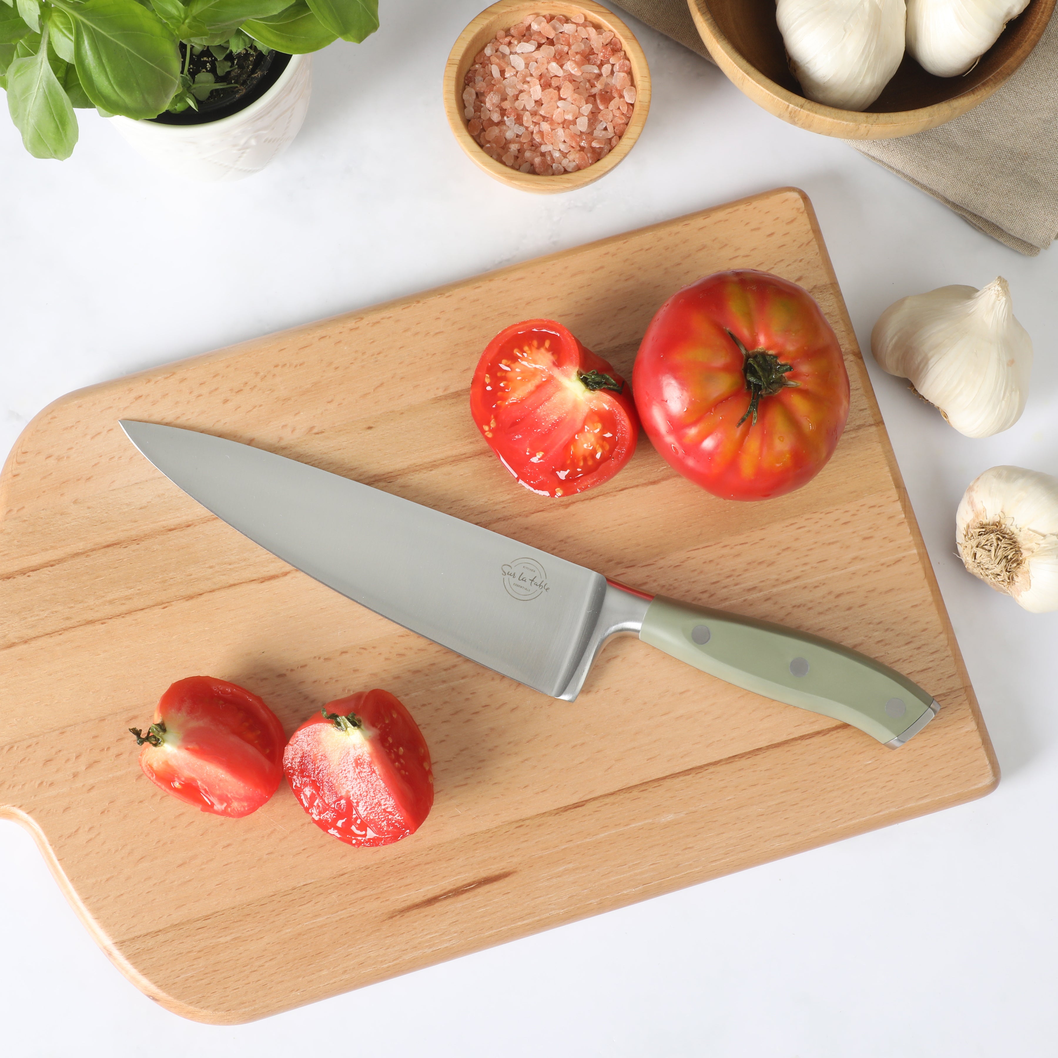 Sur La Table Kitchen Essential German Steel Chef’s Knife, 8-Inch Stainless Steel Blade – Professional Kitchen Knife with Forged Full Tang