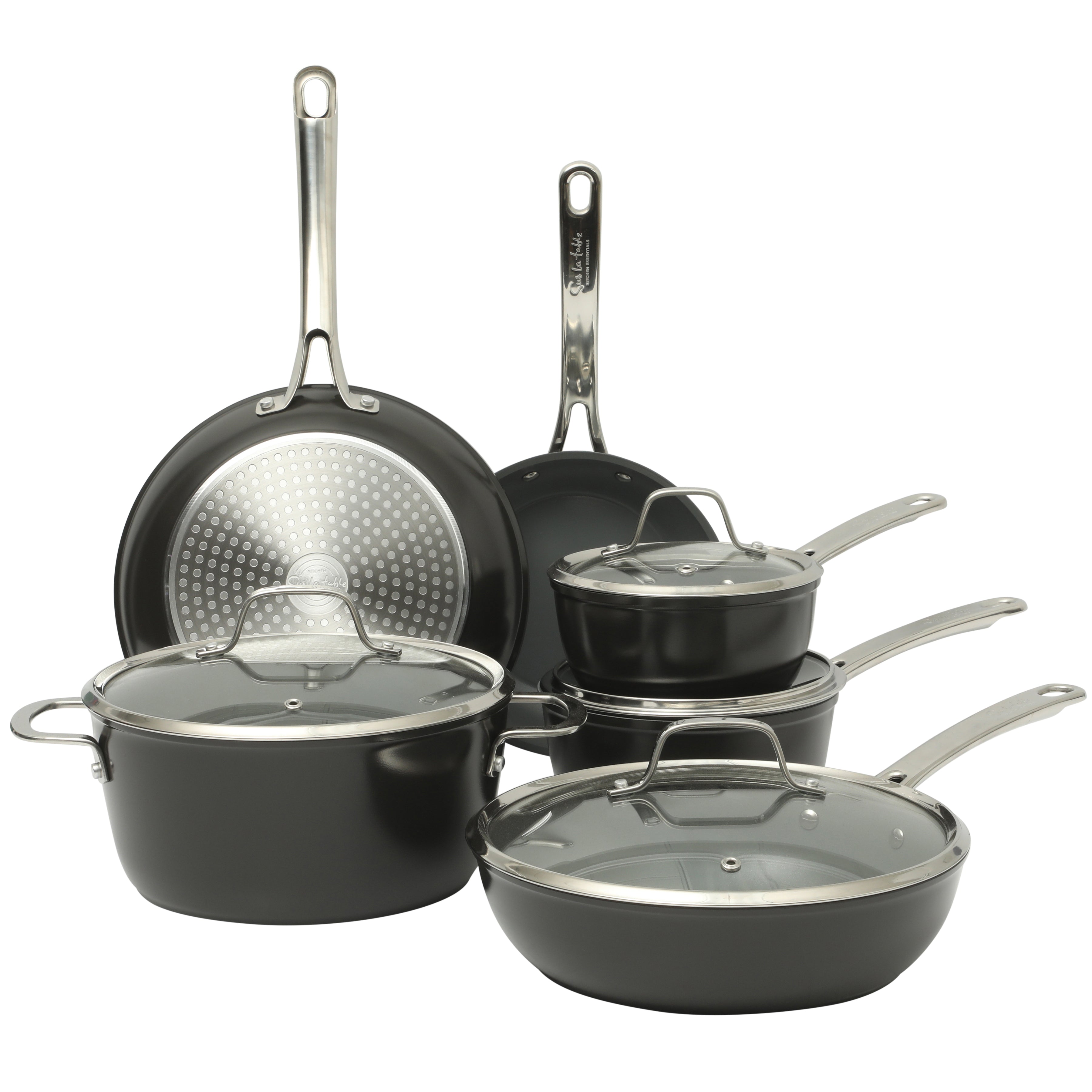 Sur La Table Kitchen Essentials Cool Commune Hard Anodized 10 Piece PFA Free Ceramic Non stick Interior Forged Durable Aluminum Pots and Pans Cookware Set