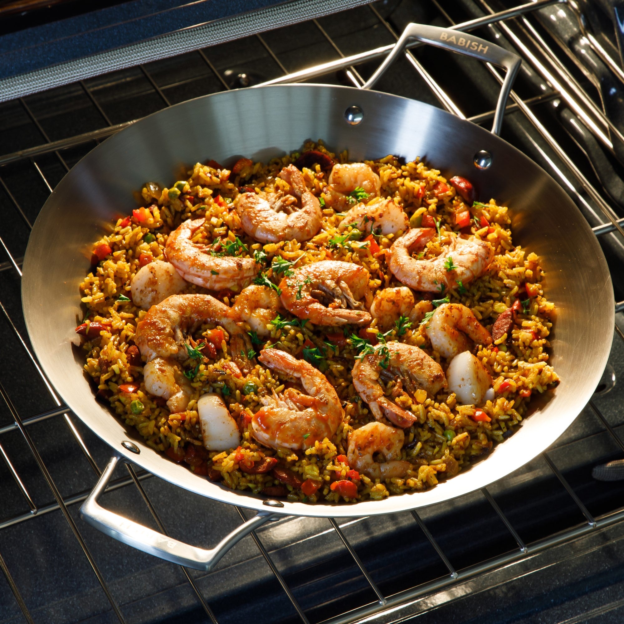 Babish 13 Inch Tri-Ply Stainless Steel Paella Pan, Large Skillet, Grid