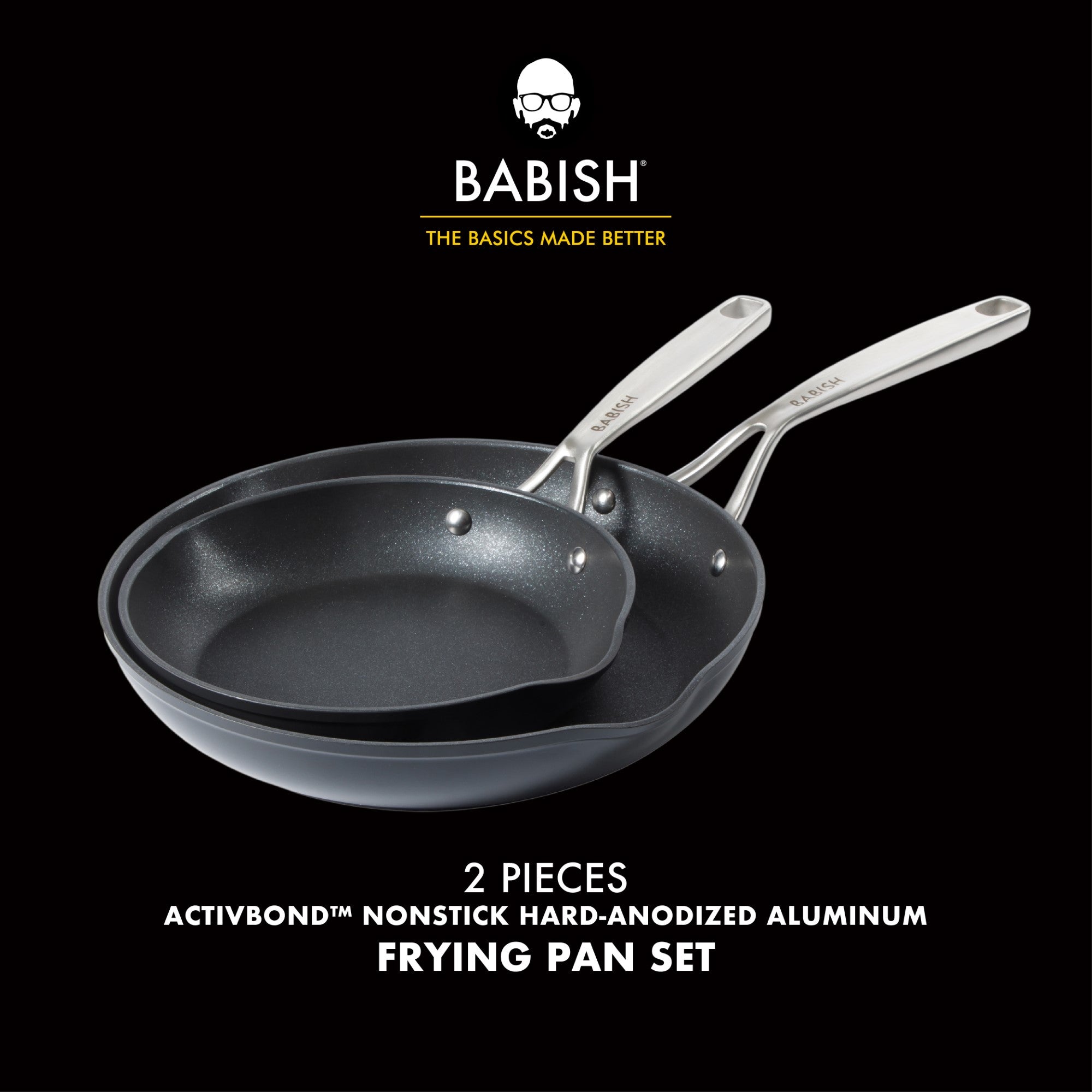 Babish 2 Piece 8 and 10 Inch Fry Pan Hard Anodized Titanium Forever Non Stick Technology Durable Frying Pans Set - Black