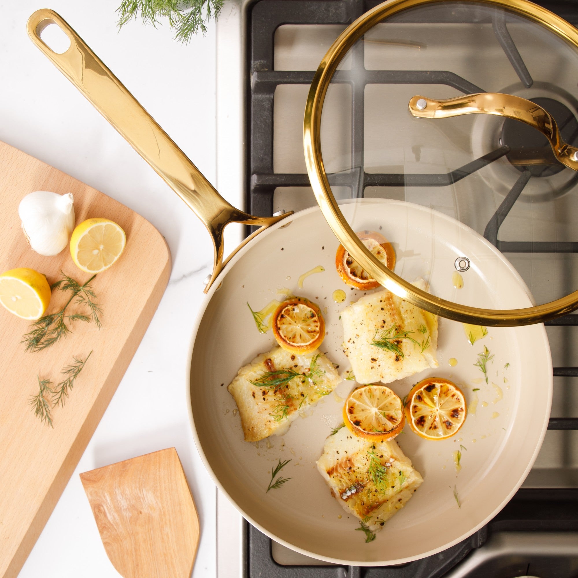 Bloomhouse 15 Piece Pots and Pans Heavy Duty Aluminum Premium PFA Free Ceramic Nonstick Dutch Oven Pot with Lid - Linen White with Gold Handle