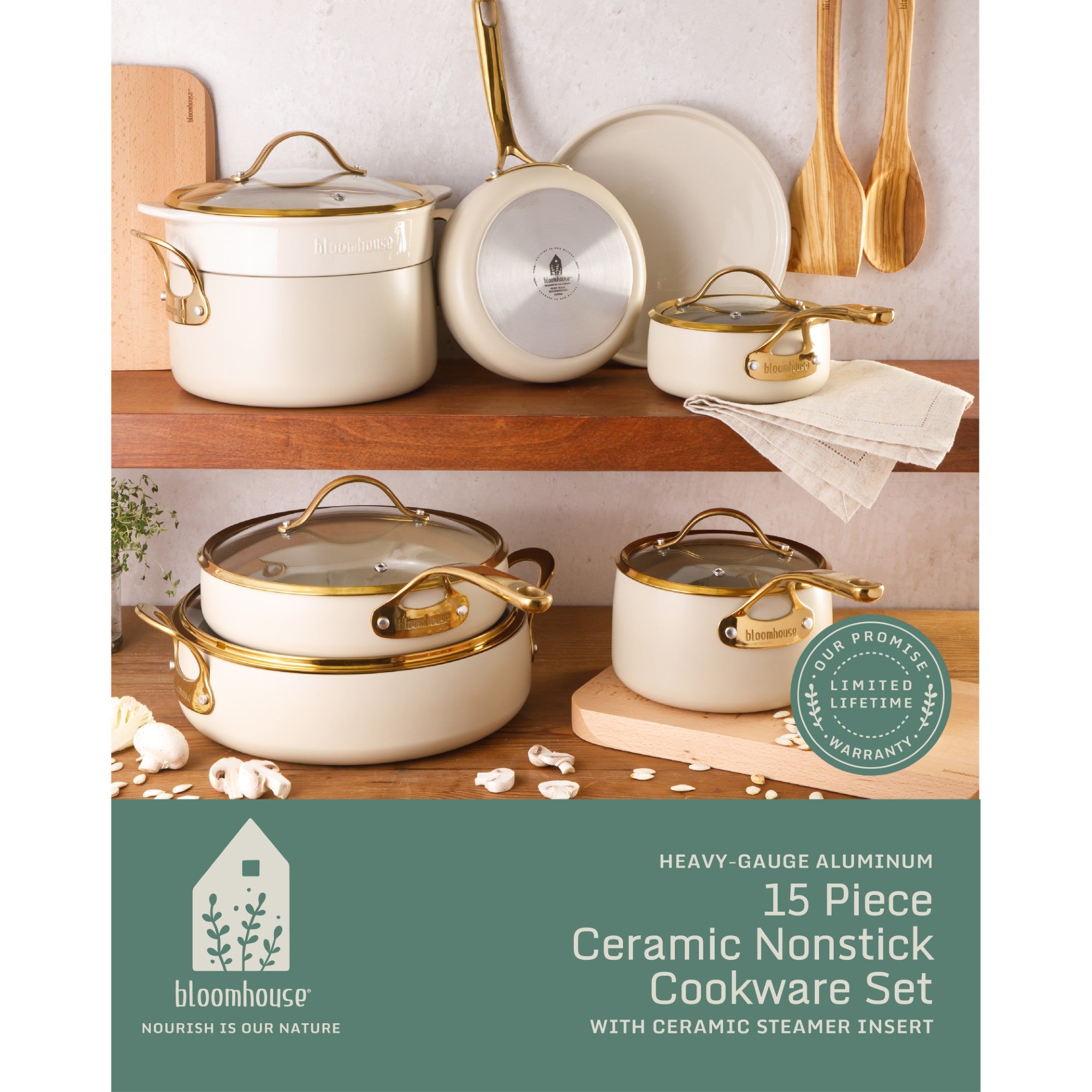 Bloomhouse 15 Piece Pots and Pans Heavy Duty Aluminum Premium PFA Free Ceramic Nonstick Dutch Oven Pot with Lid - Linen White with Gold Handle