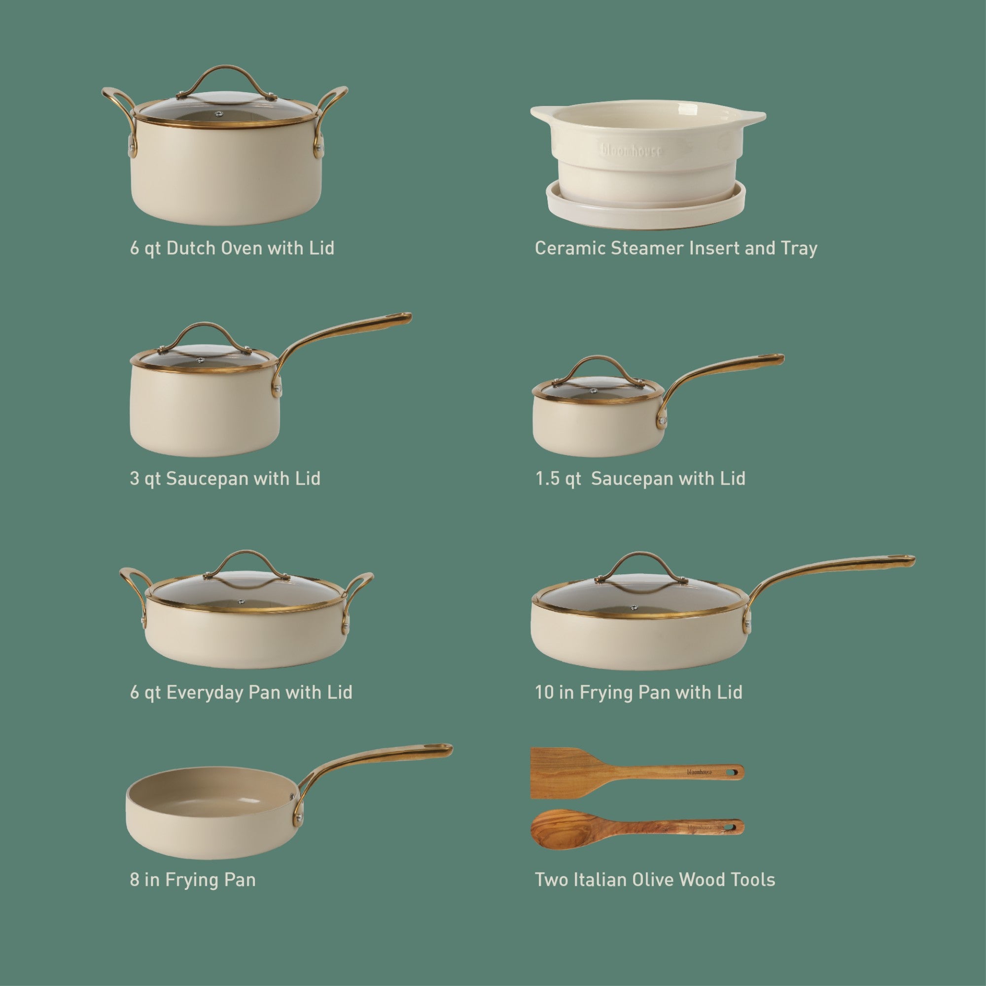 Bloomhouse 15 Piece Pots and Pans Heavy Duty Aluminum Premium PFA Free Ceramic Nonstick Dutch Oven Pot with Lid - Linen White with Gold Handle