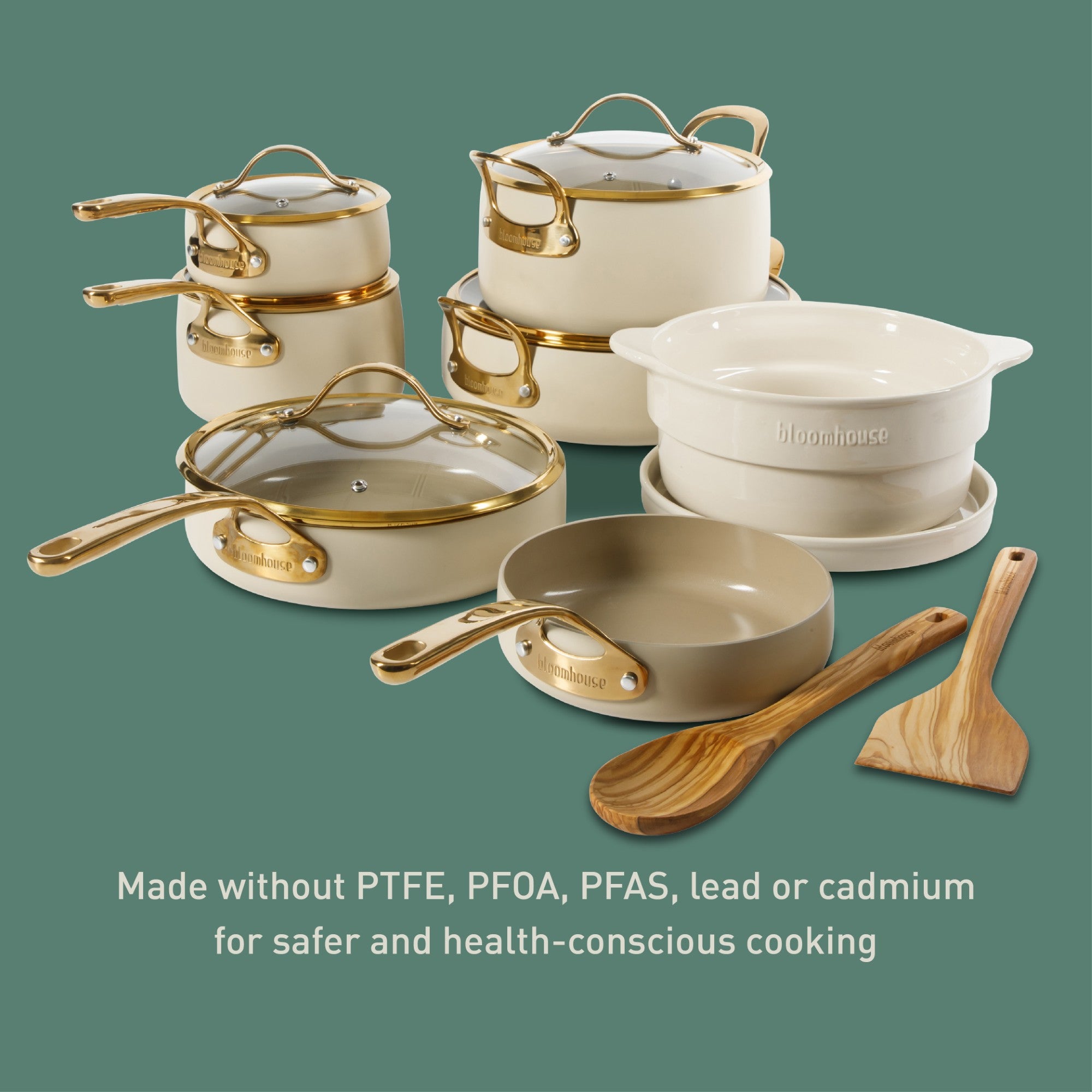 Bloomhouse 15 Piece Pots and Pans Heavy Duty Aluminum Premium PFA Free Ceramic Nonstick Dutch Oven Pot with Lid - Linen White with Gold Handle