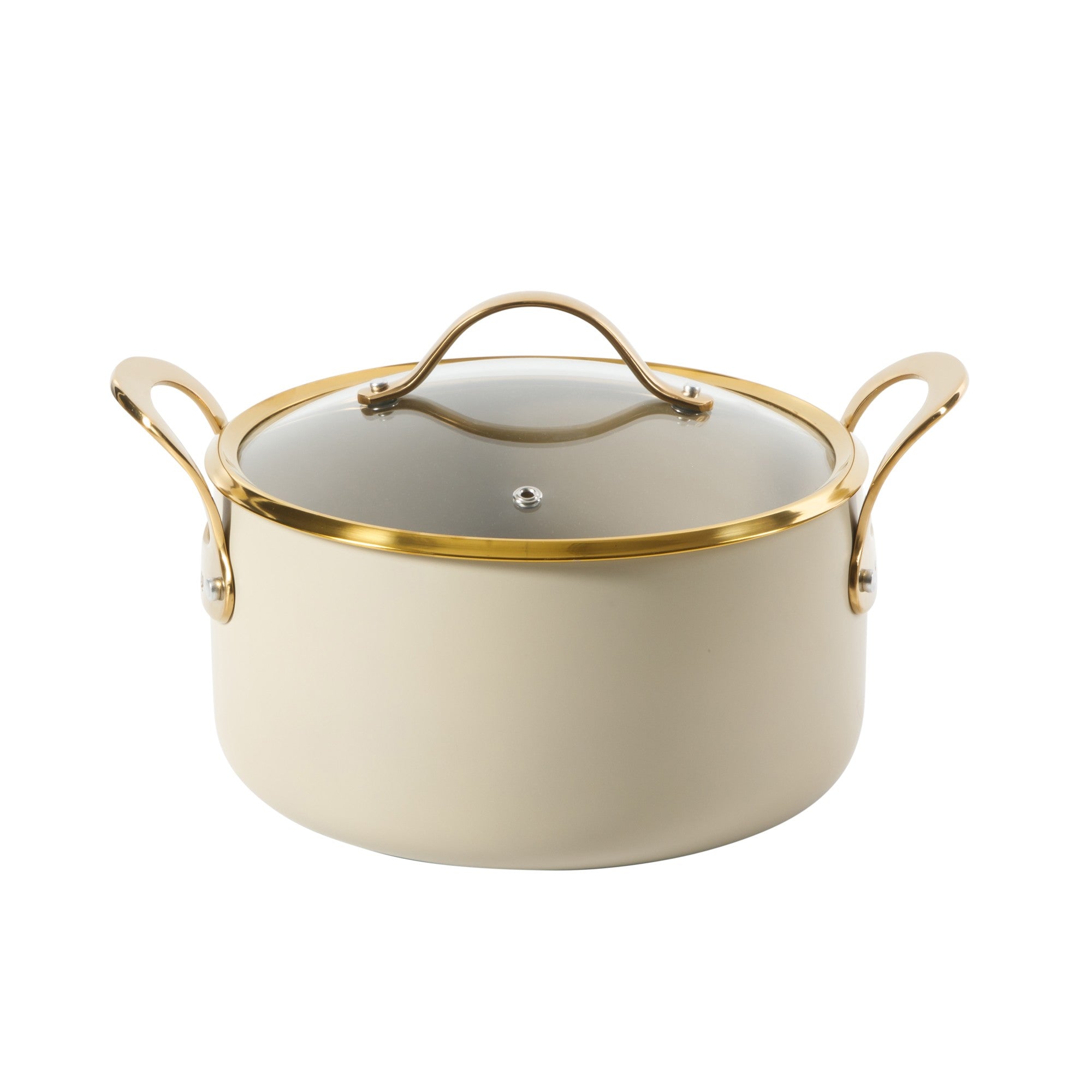 Bloomhouse 15 Piece Pots and Pans Heavy Duty Aluminum Premium PFA Free Ceramic Nonstick Dutch Oven Pot with Lid - Linen White with Gold Handle