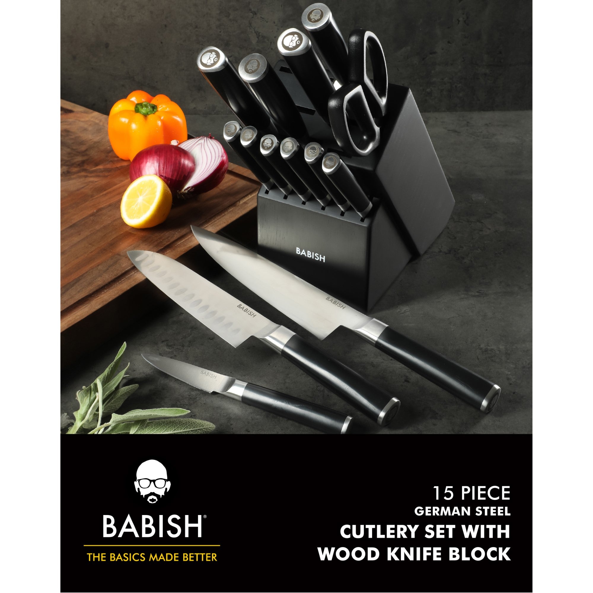 Babish High-Carbon 1.4116 German Steel 15 Piece Full Tang Forged Cutlery Kitchen Knife Block Set - Black