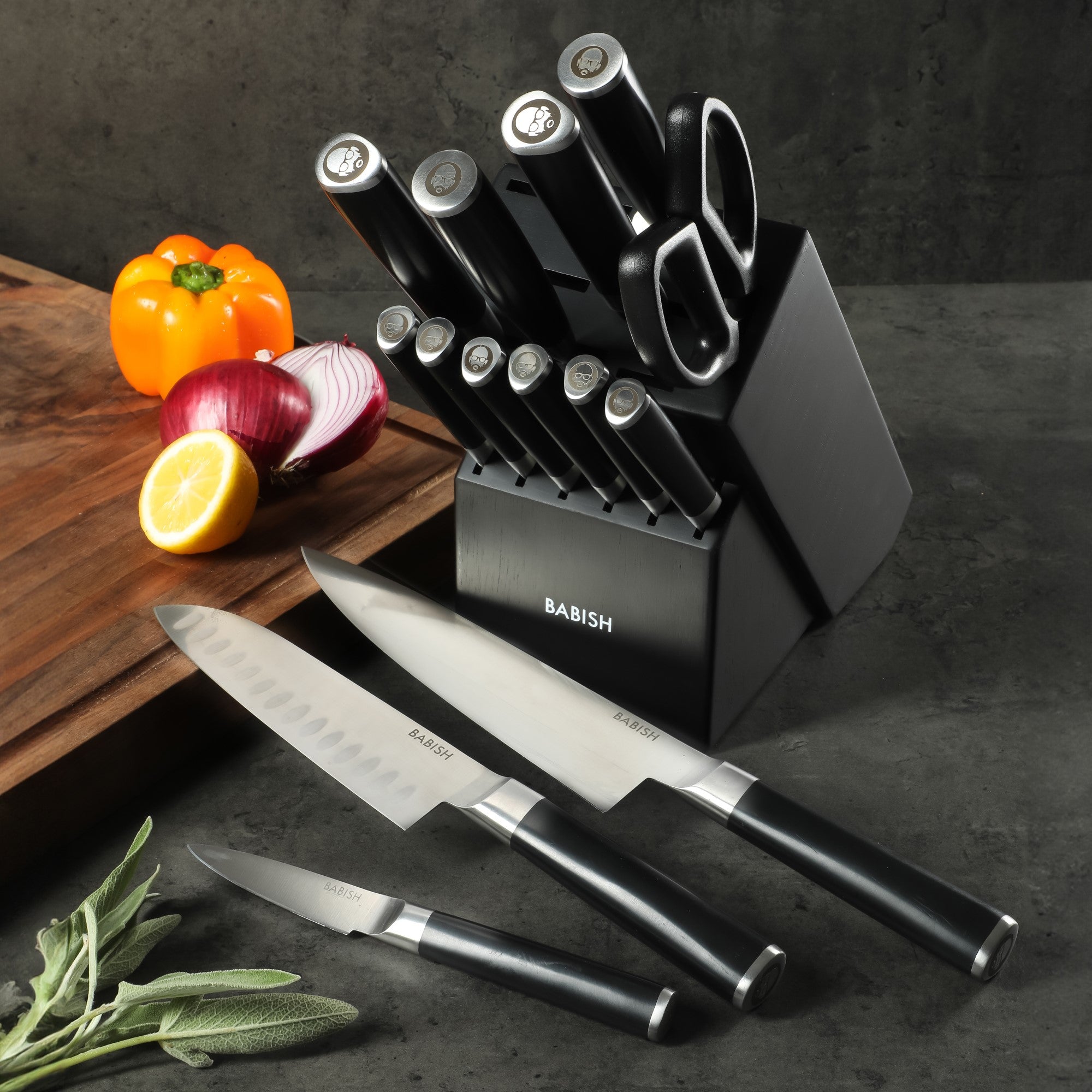 Babish High-Carbon 1.4116 German Steel 15 Piece Full Tang Forged Cutlery Kitchen Knife Block Set - Black