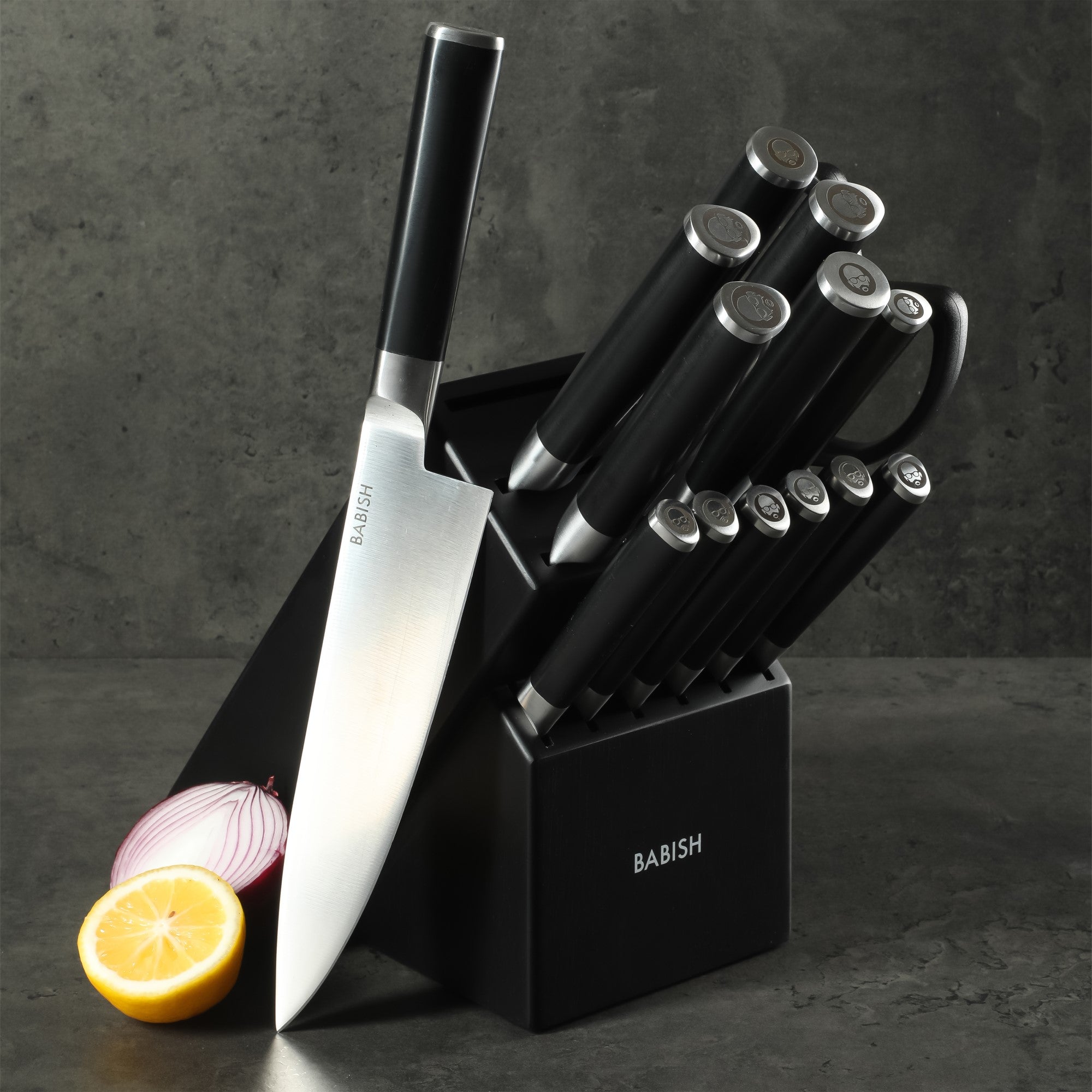 Babish High-Carbon 1.4116 German Steel 15 Piece Full Tang Forged Cutlery Kitchen Knife Block Set - Black