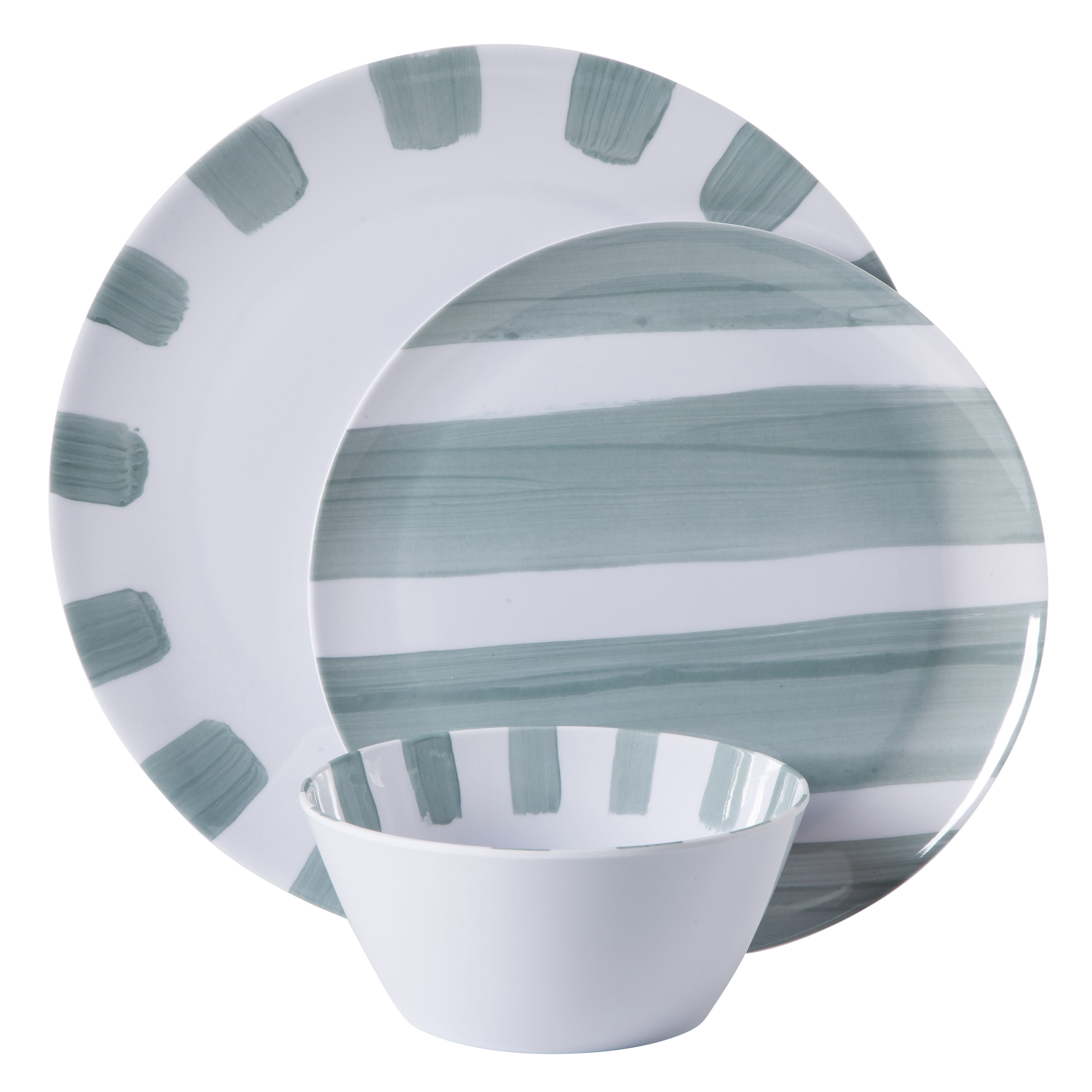 Gibson Home Cottage Stripes 12 Piece Unbreakable Melamine Plates and Bowls Dinnerware Set - Outdoor, Camping, & Everyday Use - Assorted Colors