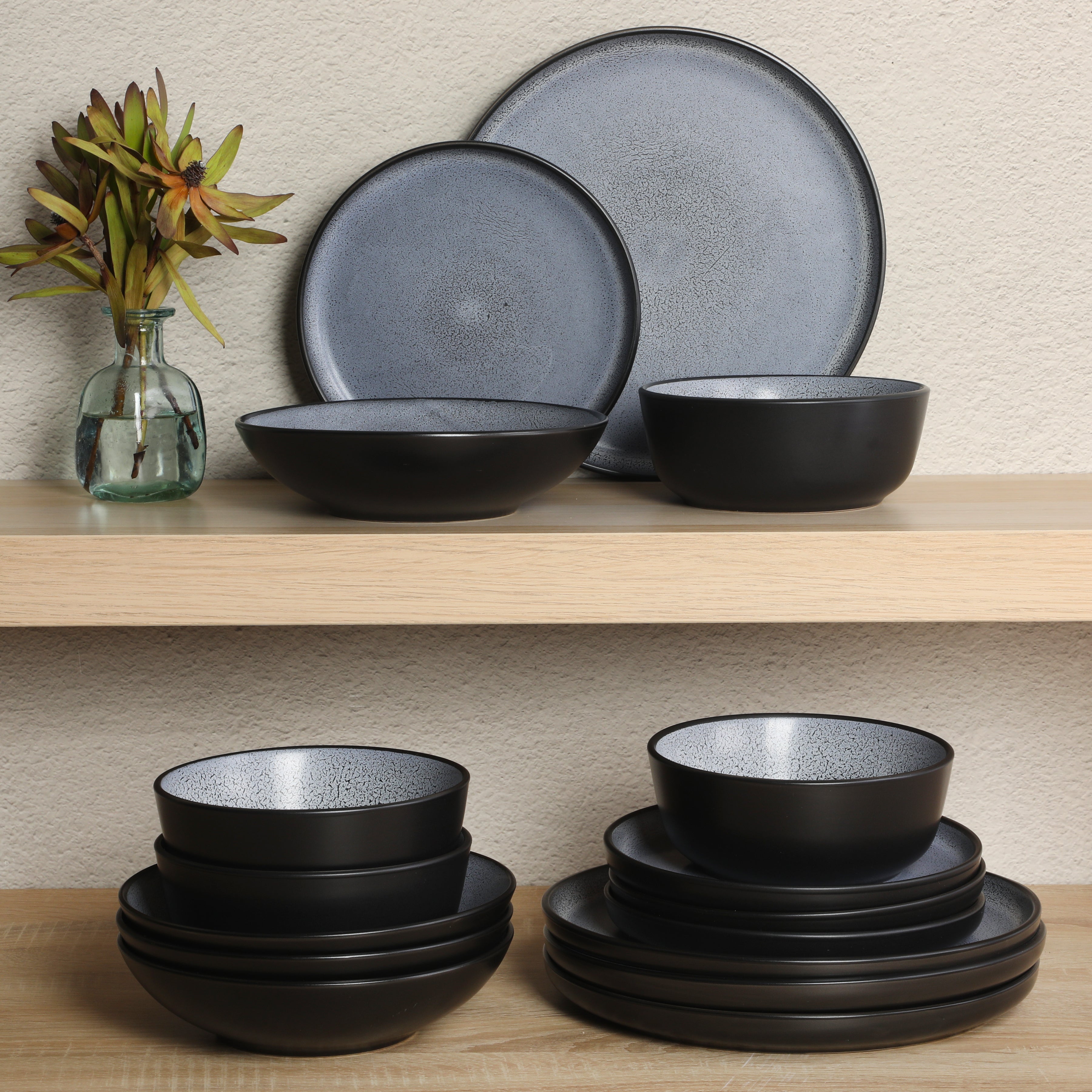 Gibson Elite Tribeca Loft 16-Piece Dinnerware Set – Matte Reactive Glaze Stoneware, Double Bowl Round Plates and Bowls – Modern Rustic Tableware for 4, Dishwasher & Microwave Safe