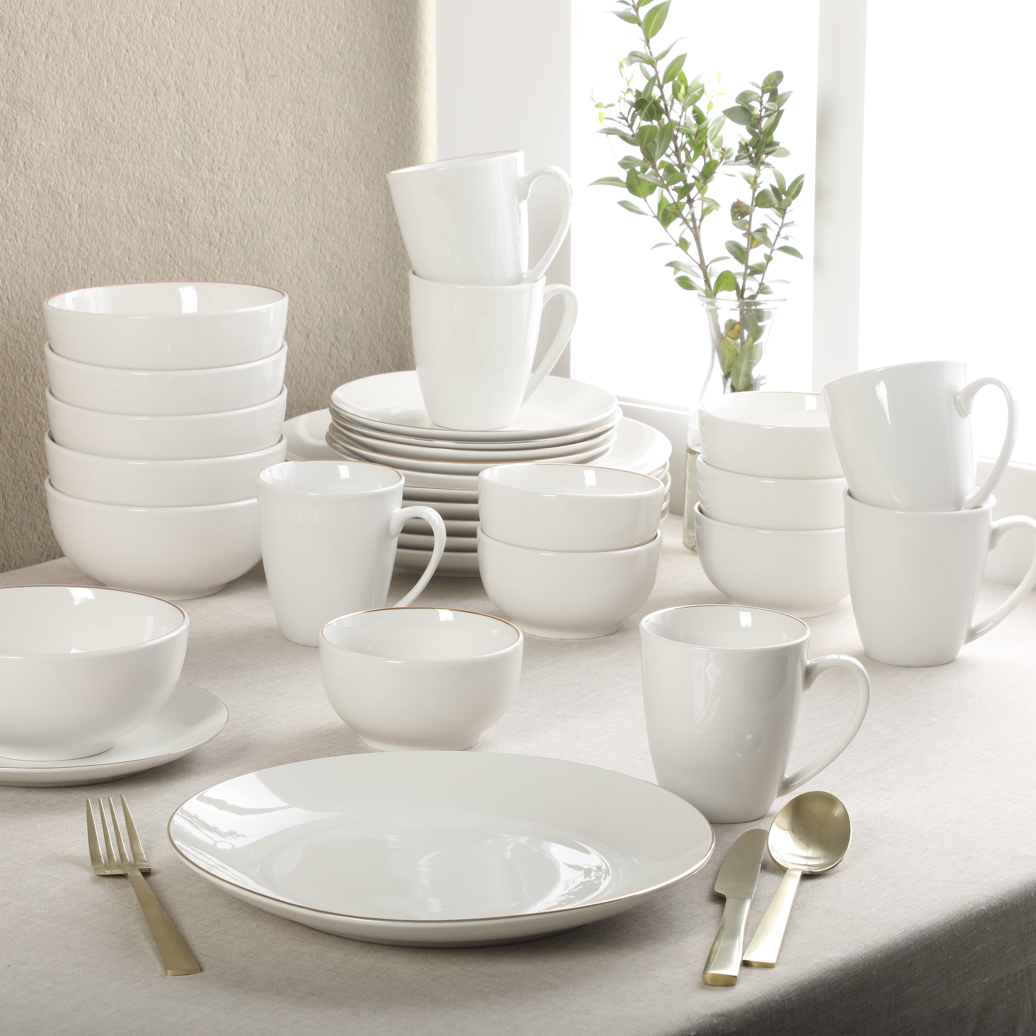 Gibson Home Ogalla 30 Piece Plates, Bowls, & Mugs Dinnerware Set - Service for 6 - White Porcelain W/ Gold Band