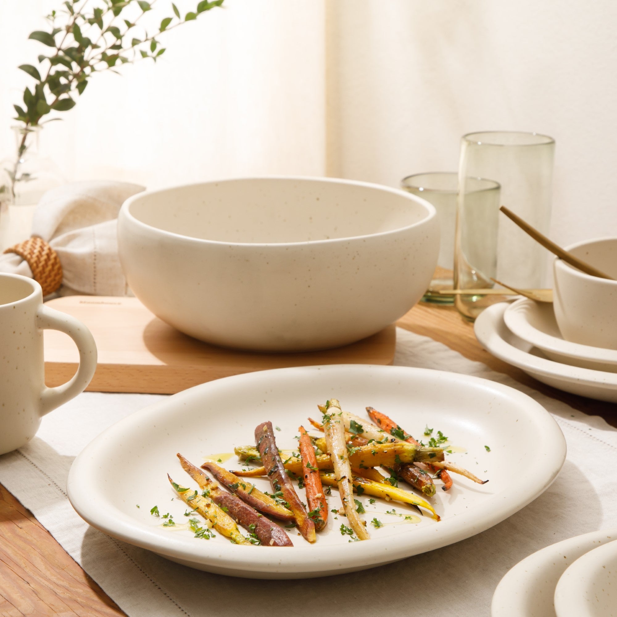 Bloomhouse Corcisa Clay 2 Piece Oval Platter and Bowl Serving Set - Sea Salt White