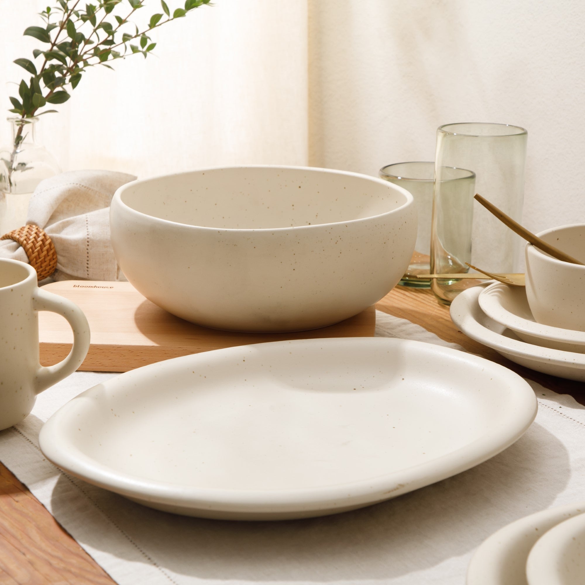 Bloomhouse Corcisa Clay 2 Piece Oval Platter and Bowl Serving Set - Sea Salt White