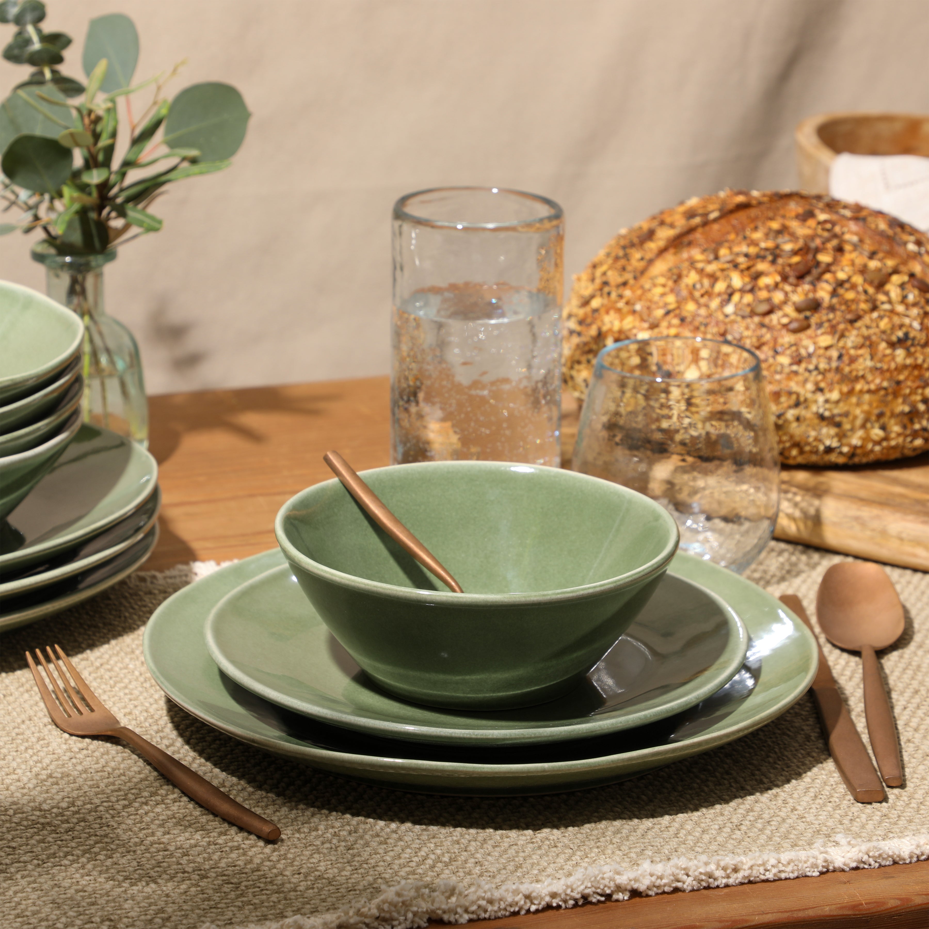 Bloomhouse Montecito Breeze 16 Piece (Service for 4) Double Plates and Bowls Stoneware Reactive Glaze Dinnerware Set