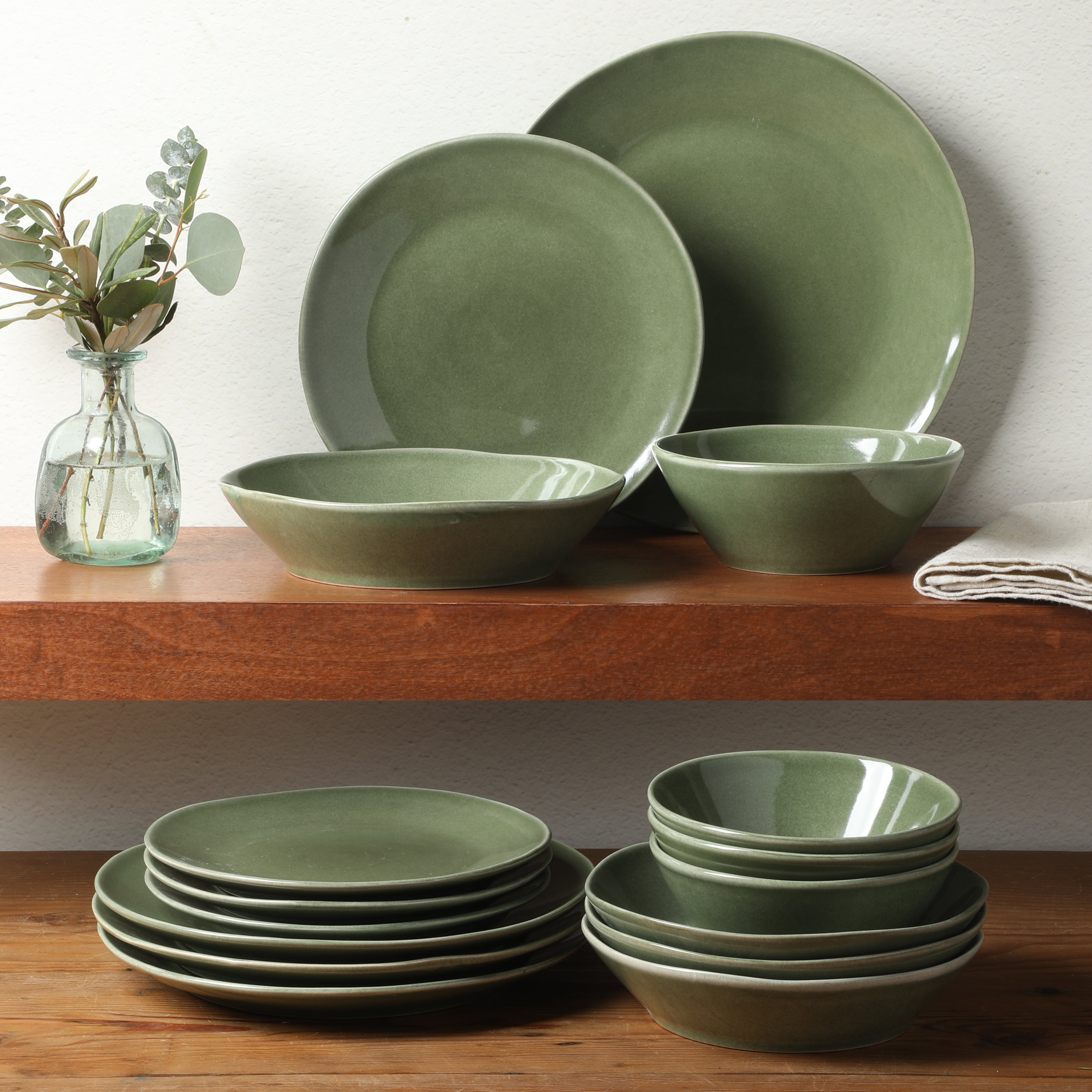 Bloomhouse Montecito Breeze 16 Piece (Service for 4) Double Plates and Bowls Stoneware Reactive Glaze Dinnerware Set