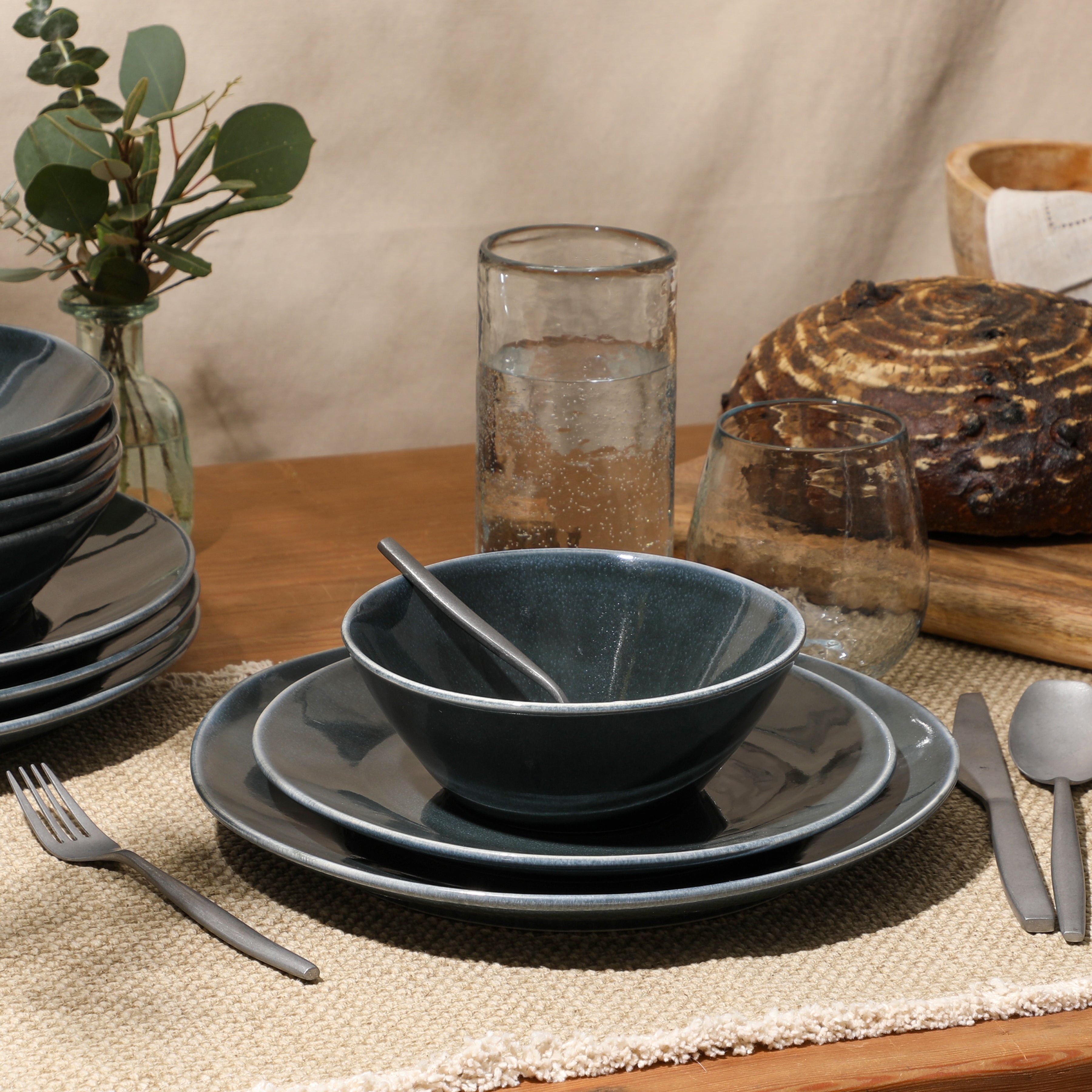 Bloomhouse Montecito Breeze 16 Piece (Service for 4) Double Plates and Bowls Stoneware Reactive Glaze Dinnerware Set