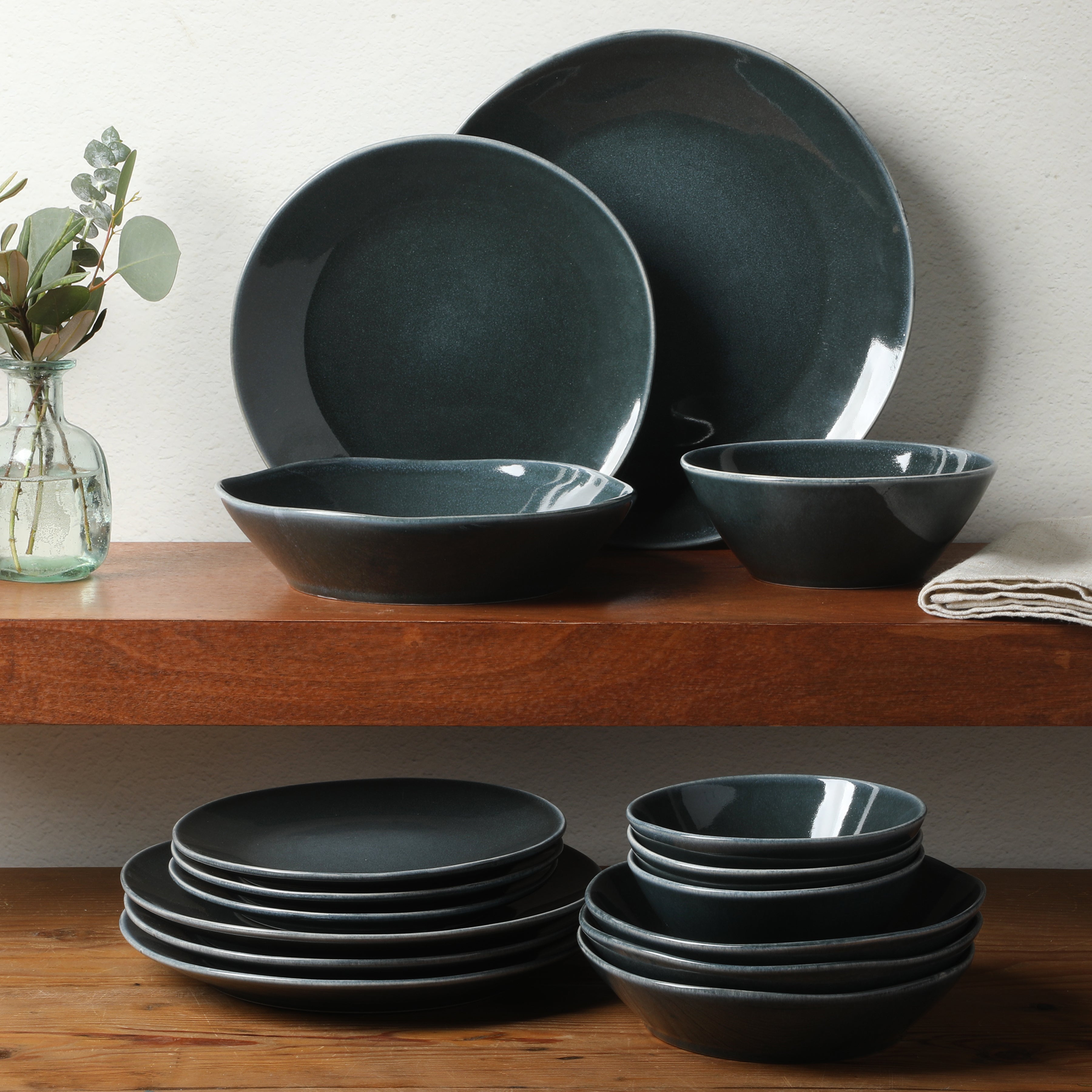 Bloomhouse Montecito Breeze 16 Piece (Service for 4) Double Plates and Bowls Stoneware Reactive Glaze Dinnerware Set