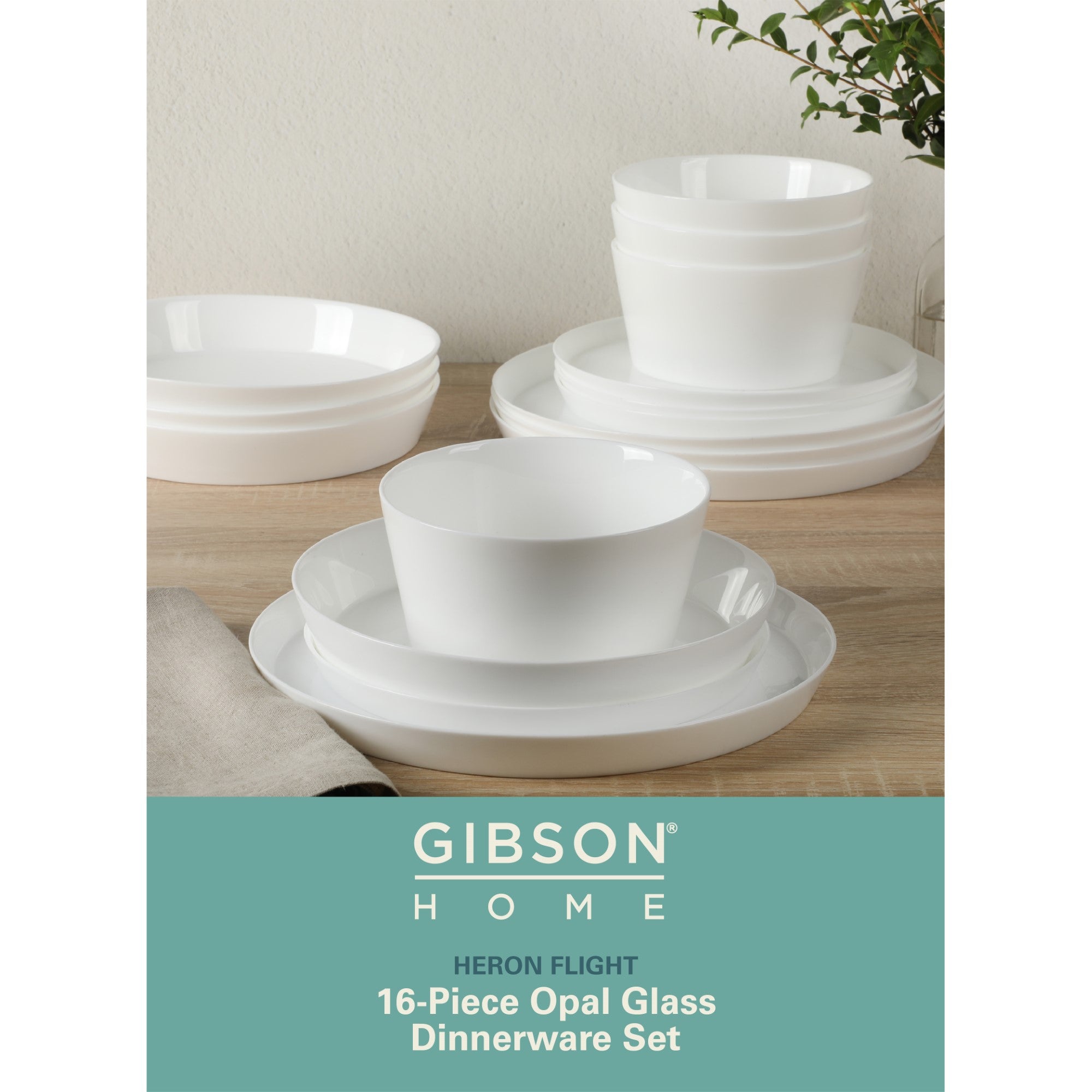 Gibson Home Modern Opal (Service for 4) 16 Piece Glass Chip Resistant Dishes Double Plates and Bowls Lightweight  Dinnerware Set