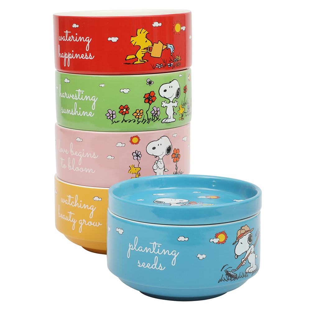 Peanuts Snoopy 6 Pack Stackable 5.5" Decorated Stoneware Bowl Set W/ Plate