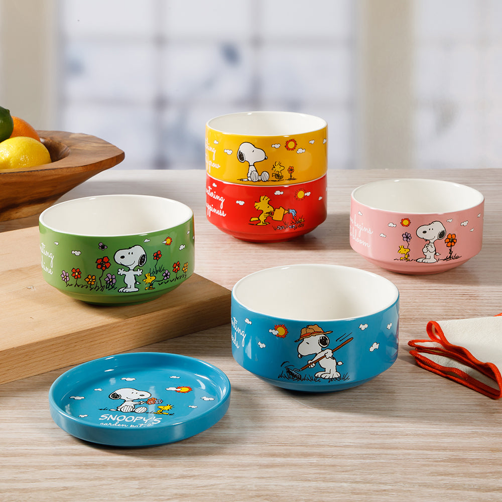 Peanuts Snoopy 6 Pack Stackable 5.5" Decorated Stoneware Bowl Set W/ Plate