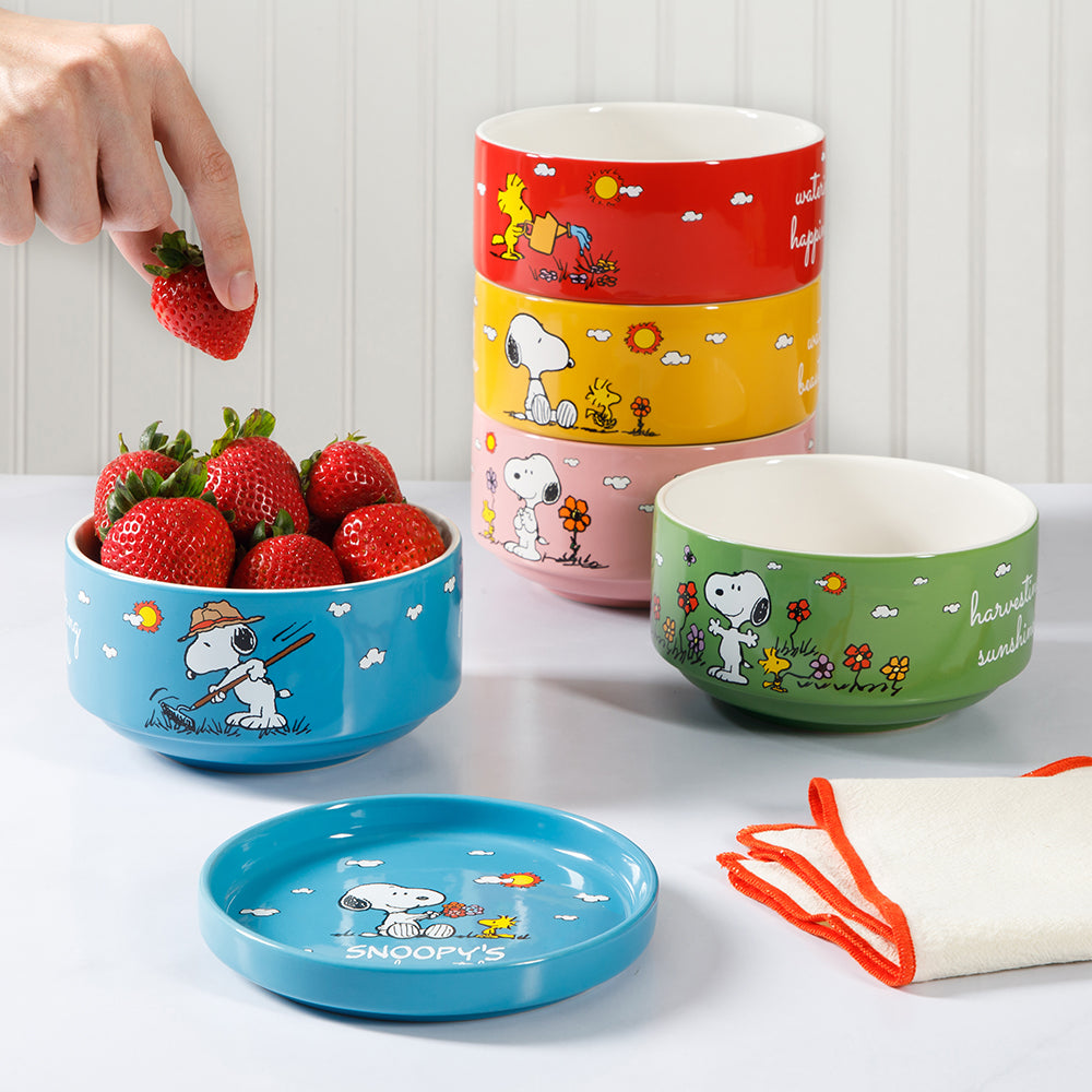 Peanuts Snoopy 6 Pack Stackable 5.5" Decorated Stoneware Bowl Set W/ Plate