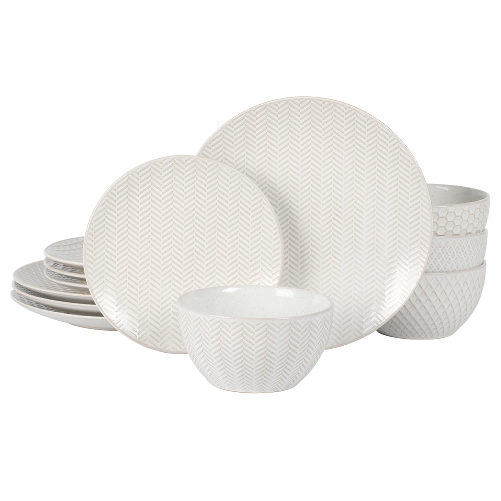 Gibson Elite Oyster Tide Embossed 12 Piece (Service for 4) Plates and Bowls Reactive Glaze Round Dishes Stoneware Ceramic Dinnerware Set