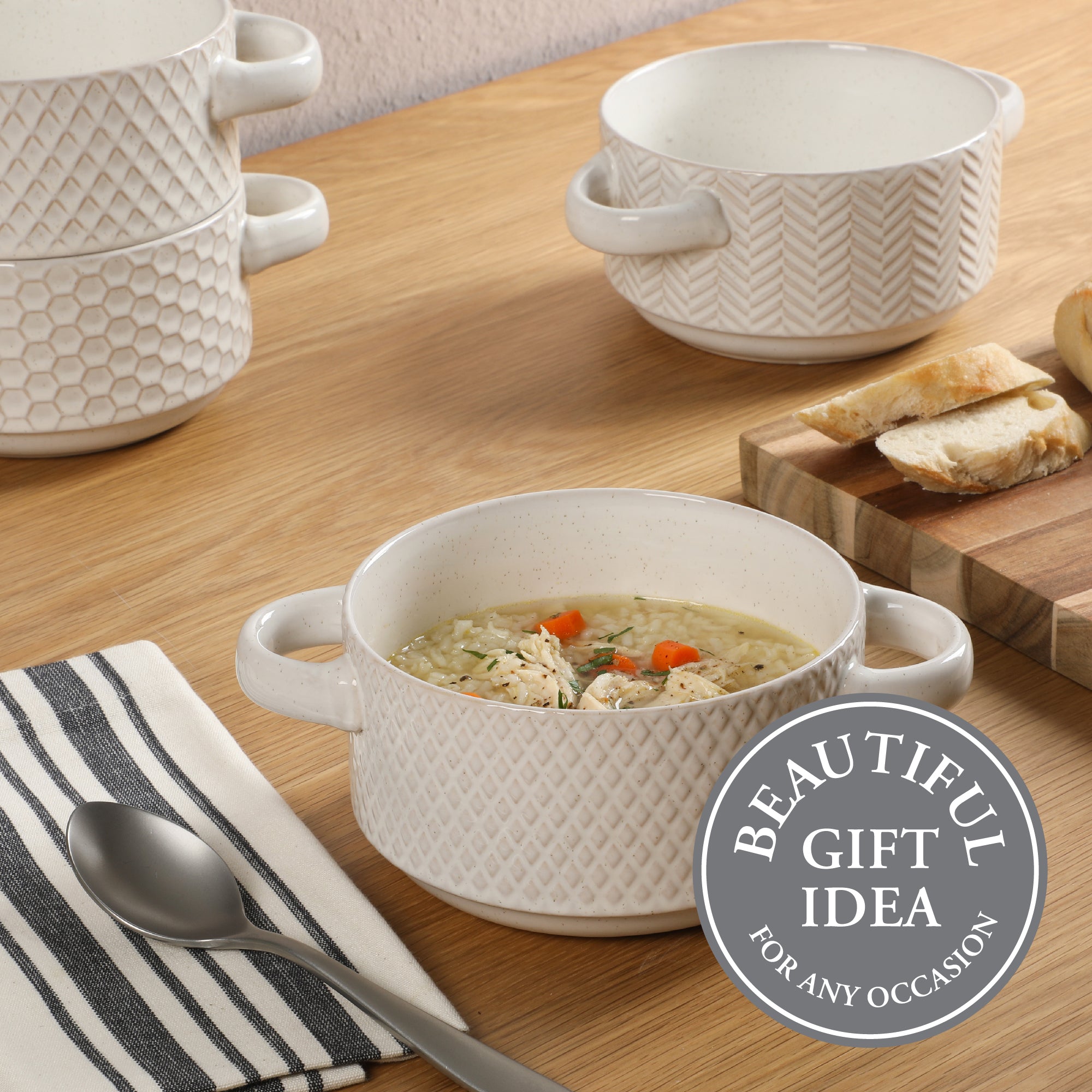 Gibson Elite Oyster Tide Embossed 6 Inch Soup Bowls with Handles. French Onion Soup Crocks, Stackable Soup Bowl, Chili, Beef Stew Reactive Glaze  Stackable Ceramic Bowl, Set of 4, White