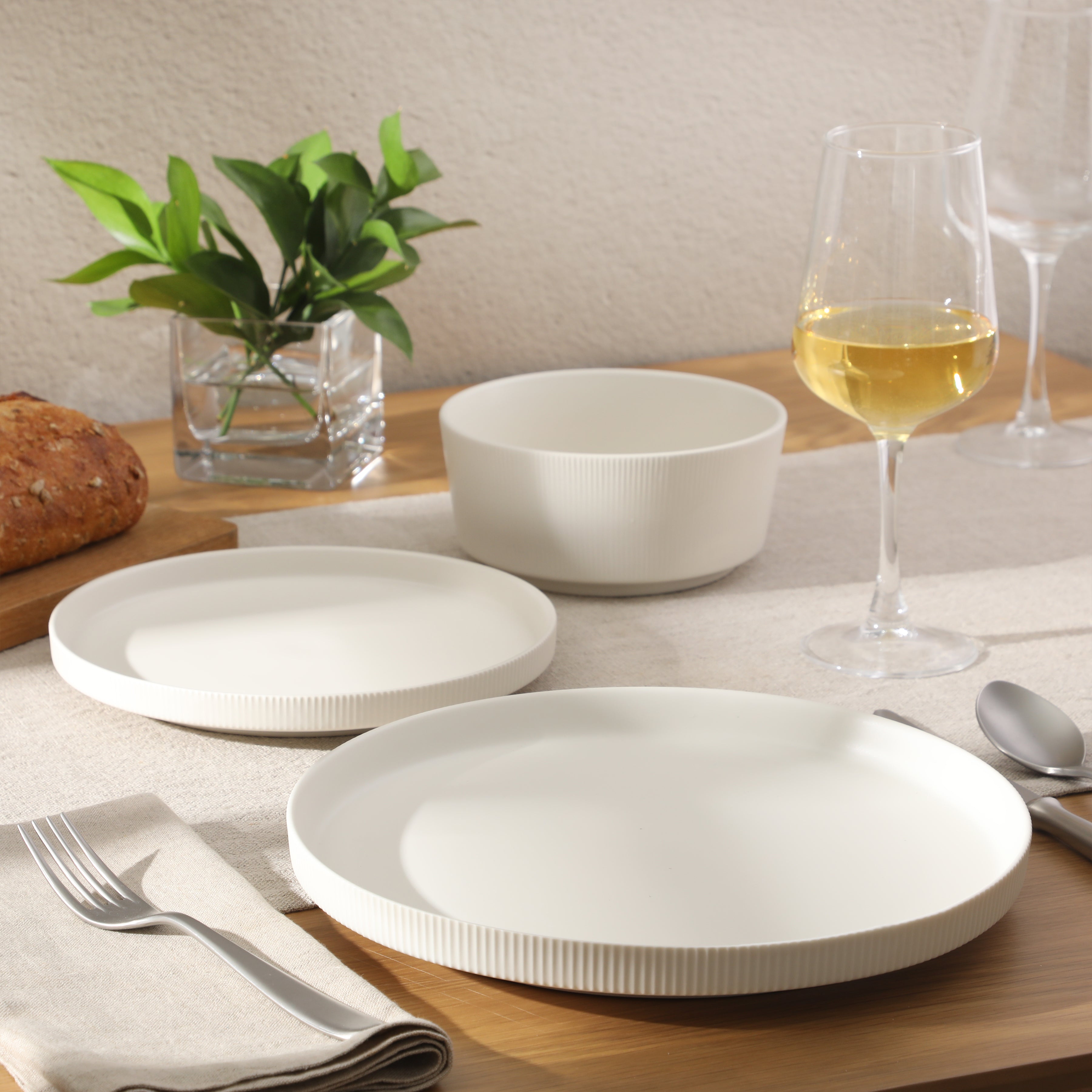 Gibson Home Dempsey Road 12-Piece Stoneware Dinnerware Set – Service for 4, Round Plates and Bowls, Durable Solid Color Modern Embossed Dish Set, Microwave & Dishwasher Safe