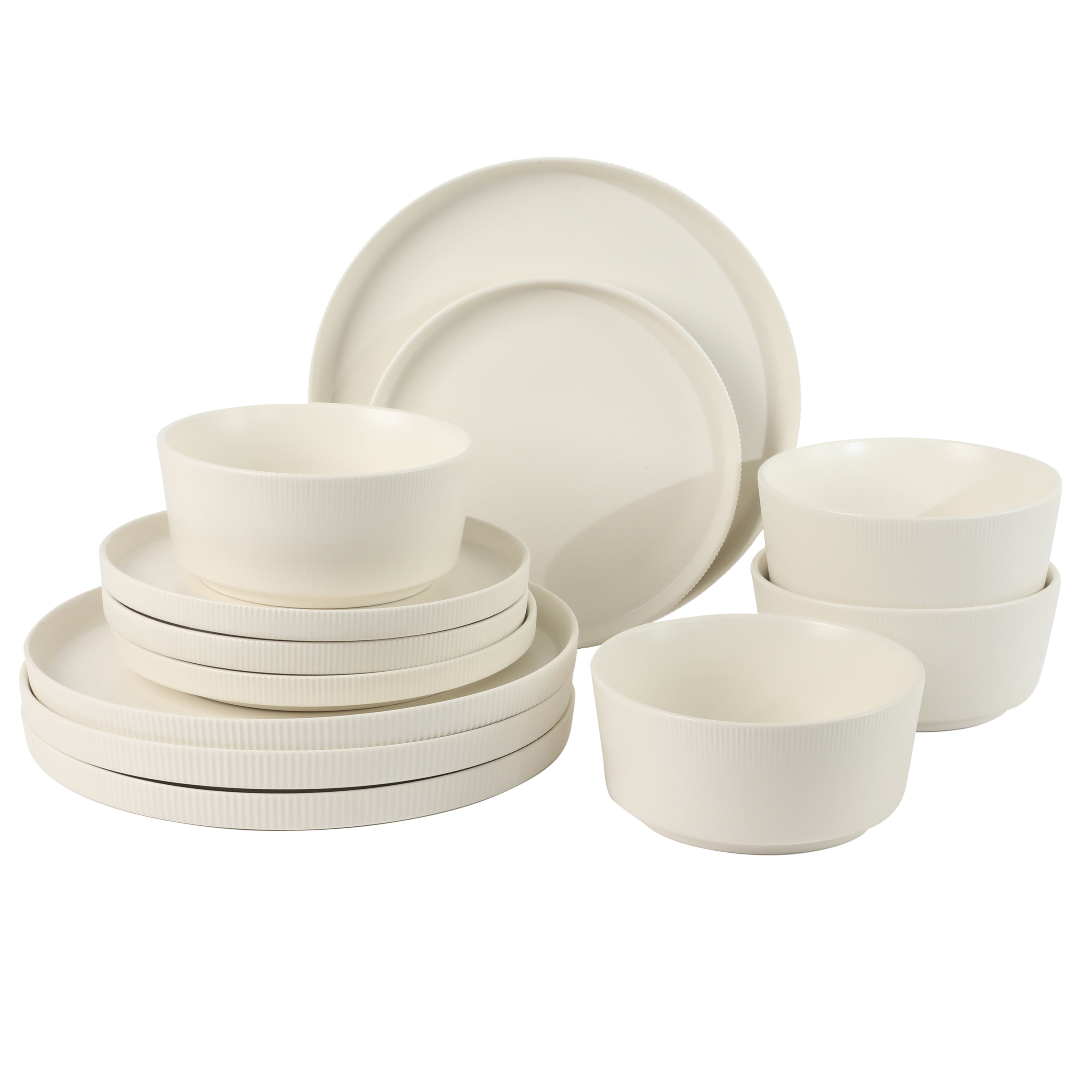 Gibson Home Dempsey Road 12-Piece Stoneware Dinnerware Set – Service for 4, Round Plates and Bowls, Durable Solid Color Modern Embossed Dish Set, Microwave & Dishwasher Safe