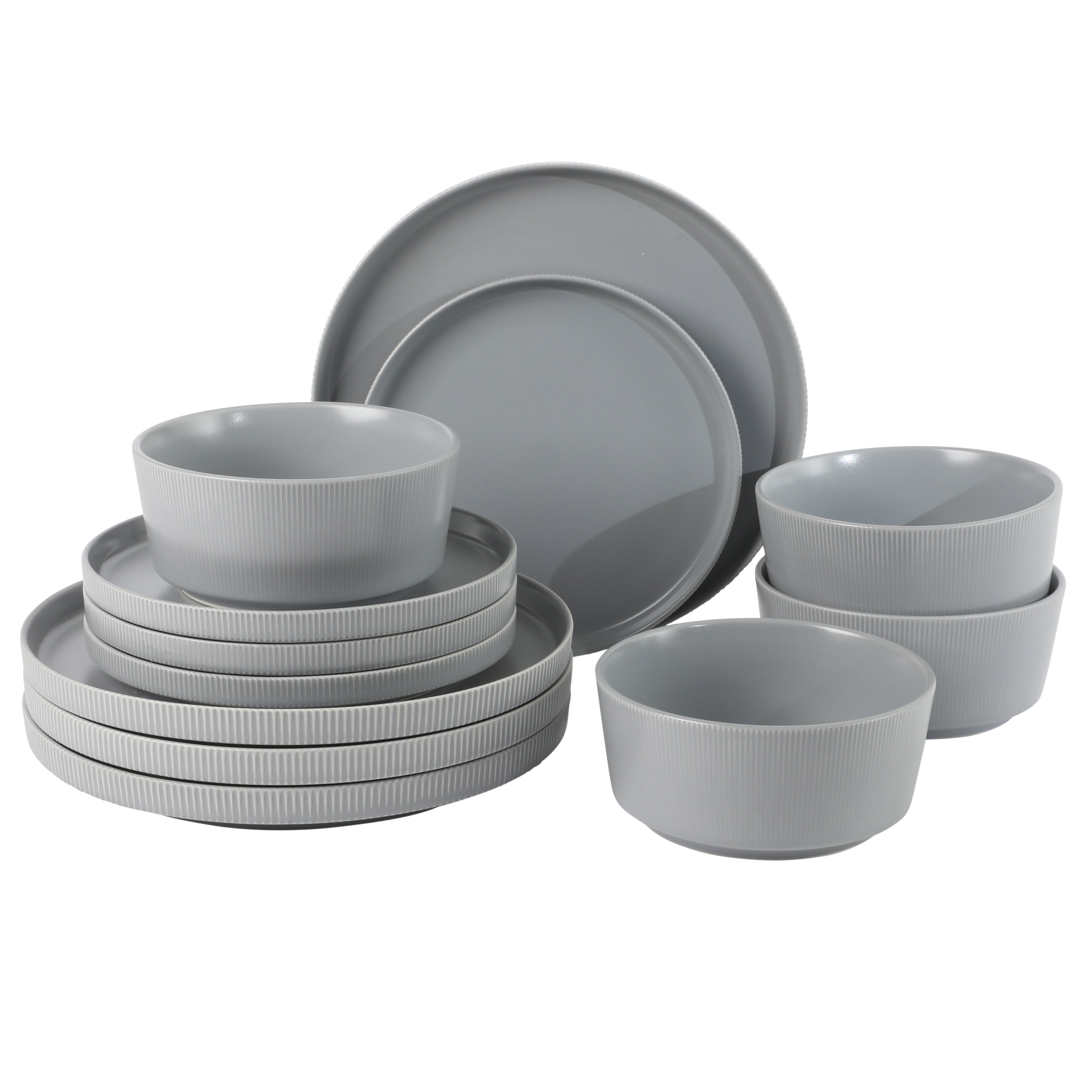 Gibson Home Dempsey Road 12-Piece Stoneware Dinnerware Set – Service for 4, Round Plates and Bowls, Durable Solid Color Modern Embossed Dish Set, Microwave & Dishwasher Safe