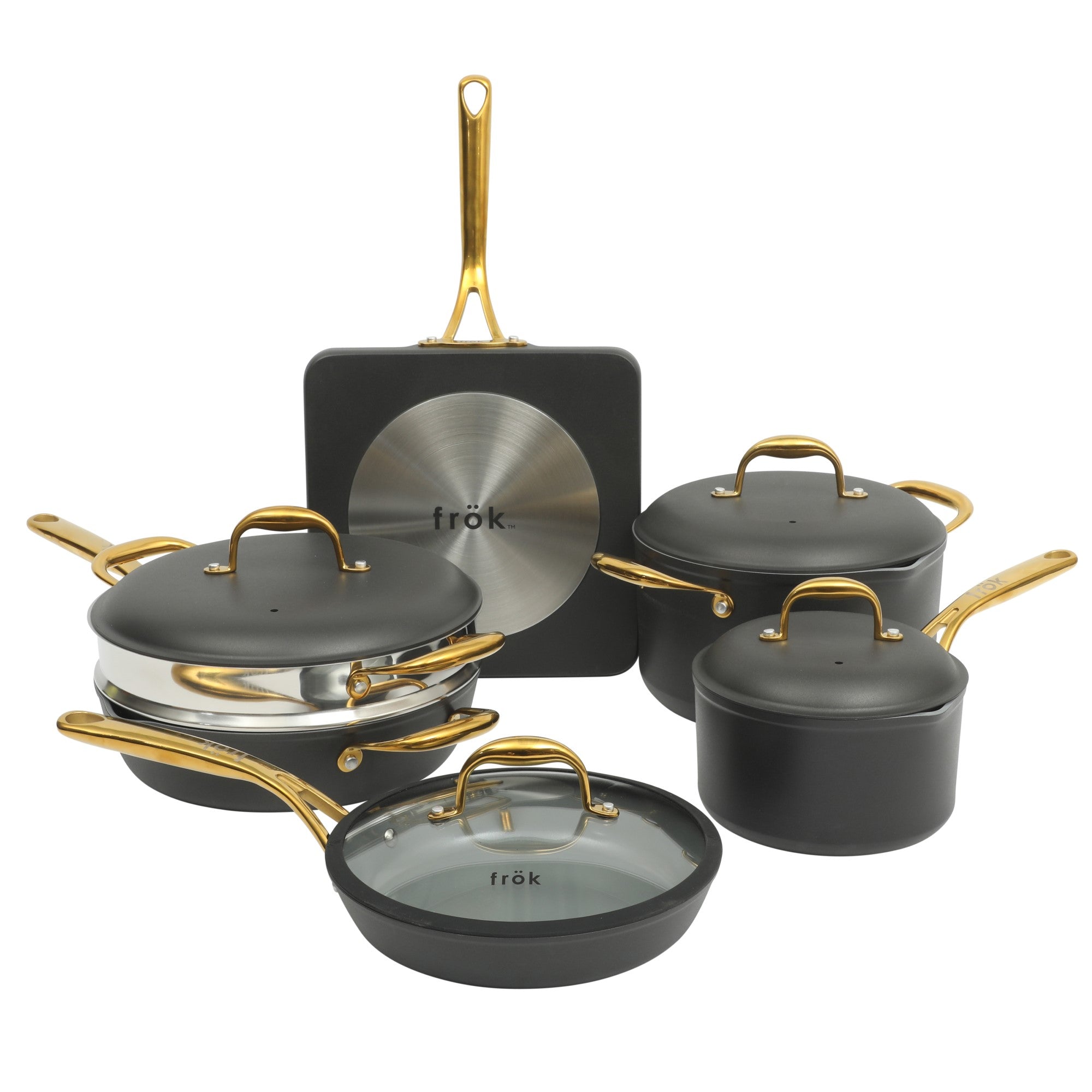 Frok 10 Piece Pots and Pans 4MM Thick Quick Heat Aluminum Cookware Set W/ Premium PFA Free Ceramic Nonstick Interior & Heat Resistant Exterior - Induction