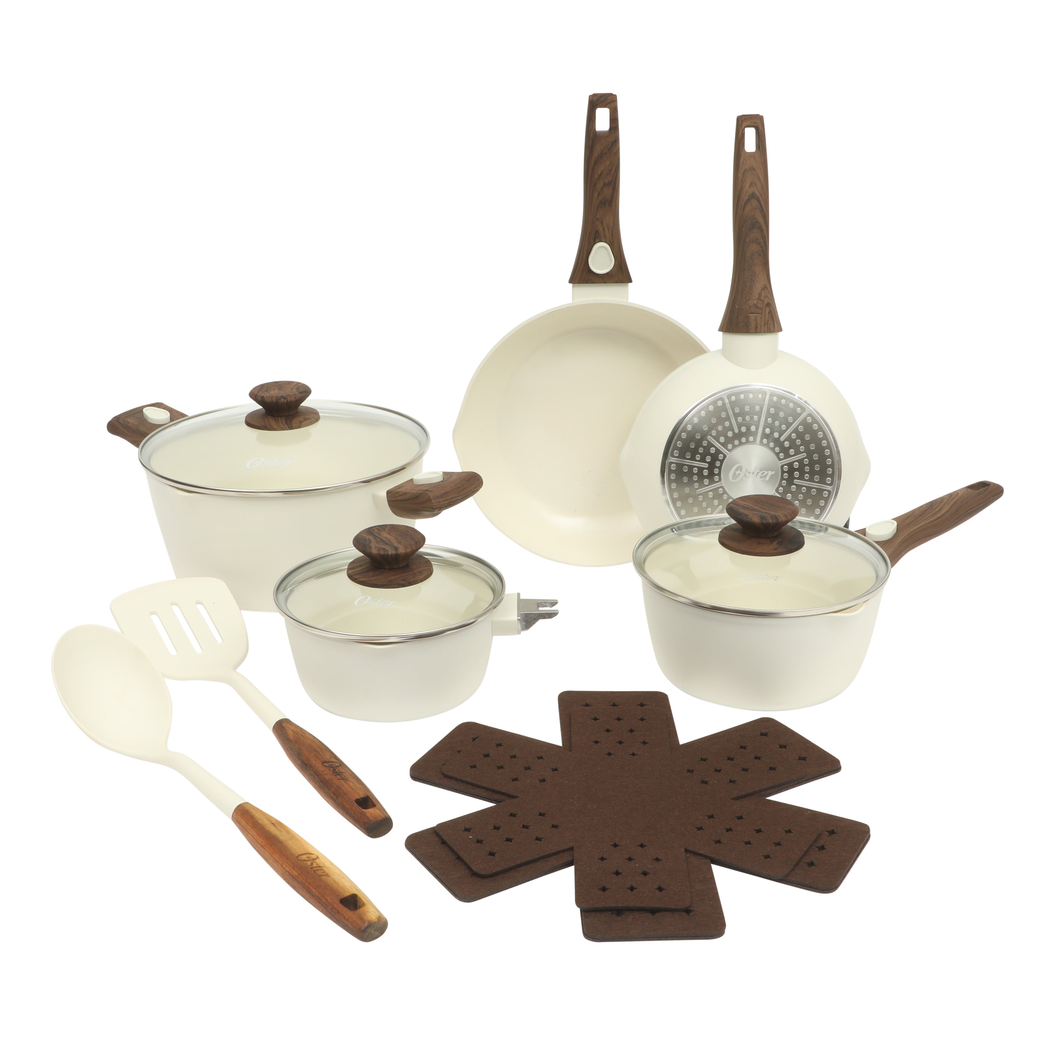 Oster SmartHandle Advance 18-Piece Ceramic Nonstick Cookware Set – Matte Linen Finish, Induction Base, Detachable Wood-Look Handles, Oven & Dishwasher Safe Pots and Pans, With Utensils & Pan Protectors