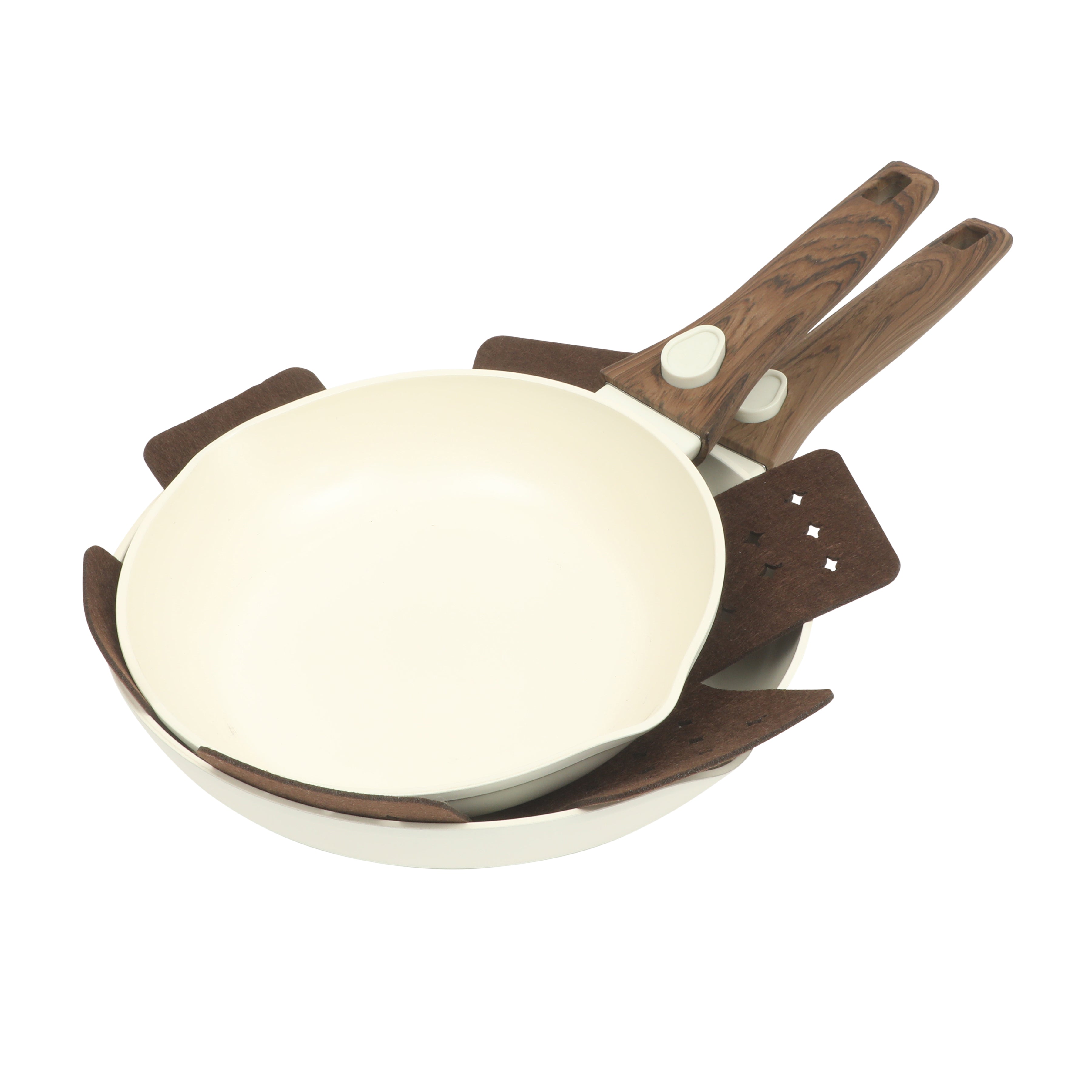 Oster SmartHandle Advance 18-Piece Ceramic Nonstick Cookware Set – Matte Linen Finish, Induction Base, Detachable Wood-Look Handles, Oven & Dishwasher Safe Pots and Pans, With Utensils & Pan Protectors