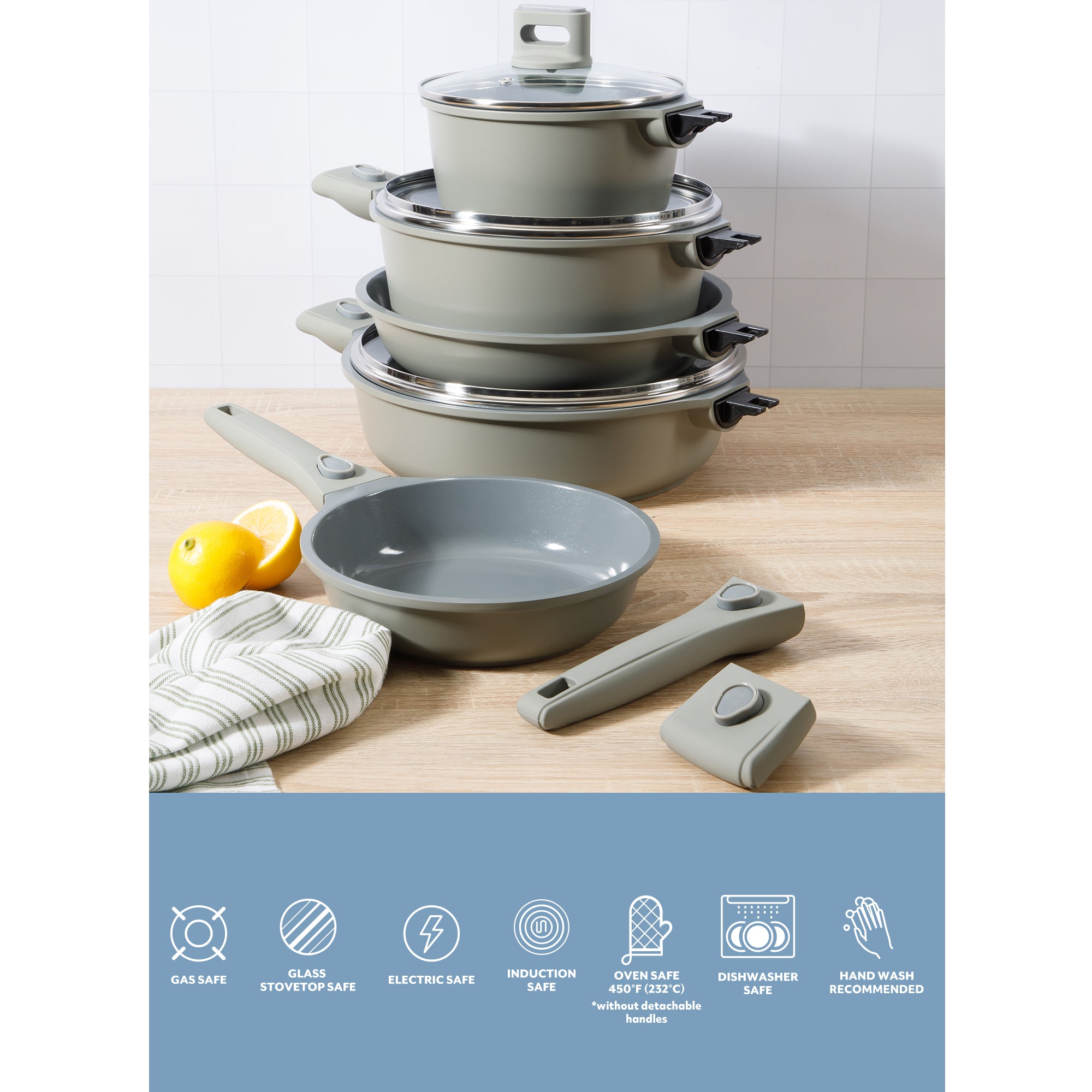 Sur La Table Kitchen Essentials 13 Piece Detachable Handle Pots and Pans Premium PFA Free Premium Ceramic Induction Cookware Set